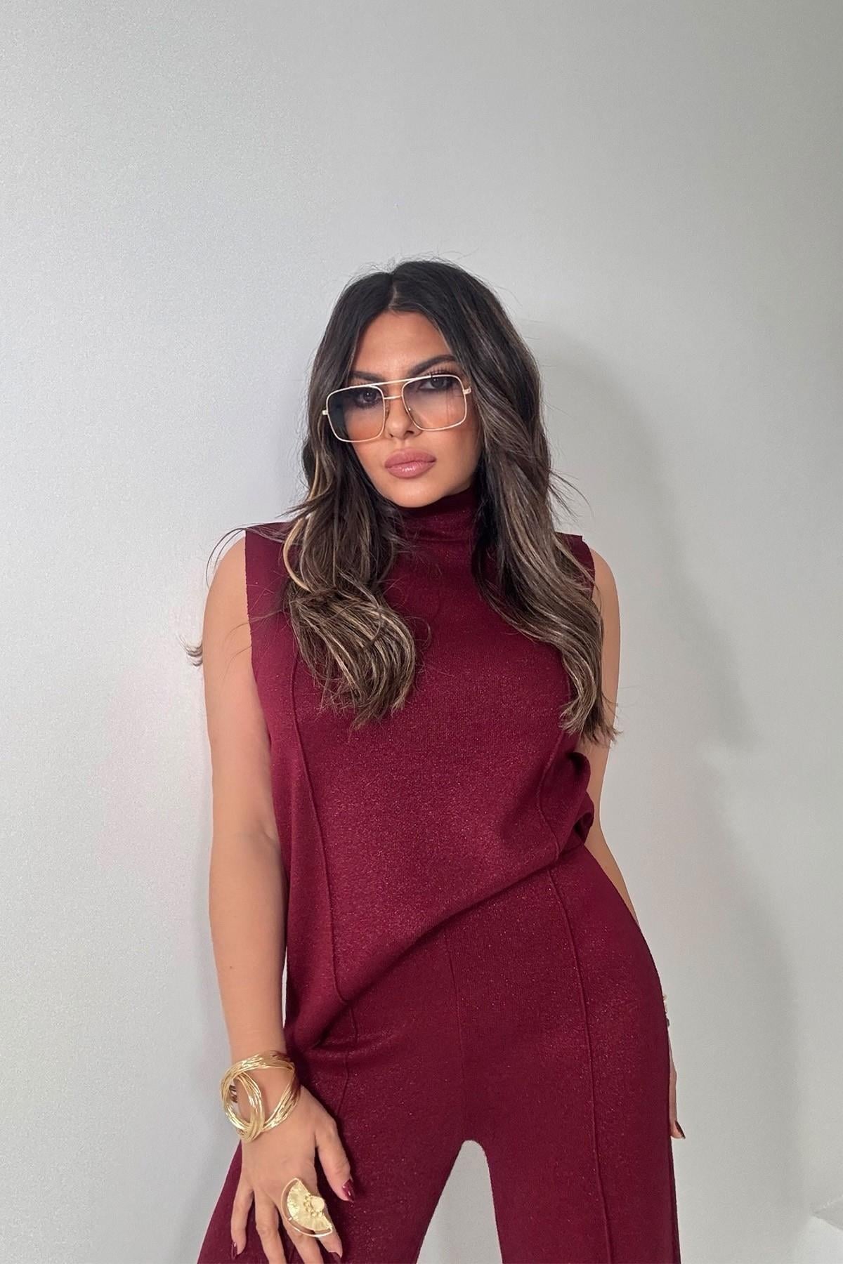 Simli Örme Kumaş Takım Bordo