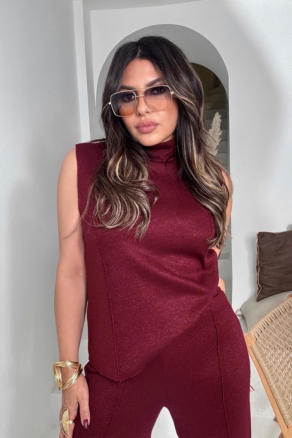 Simli Örme Kumaş Takım Bordo