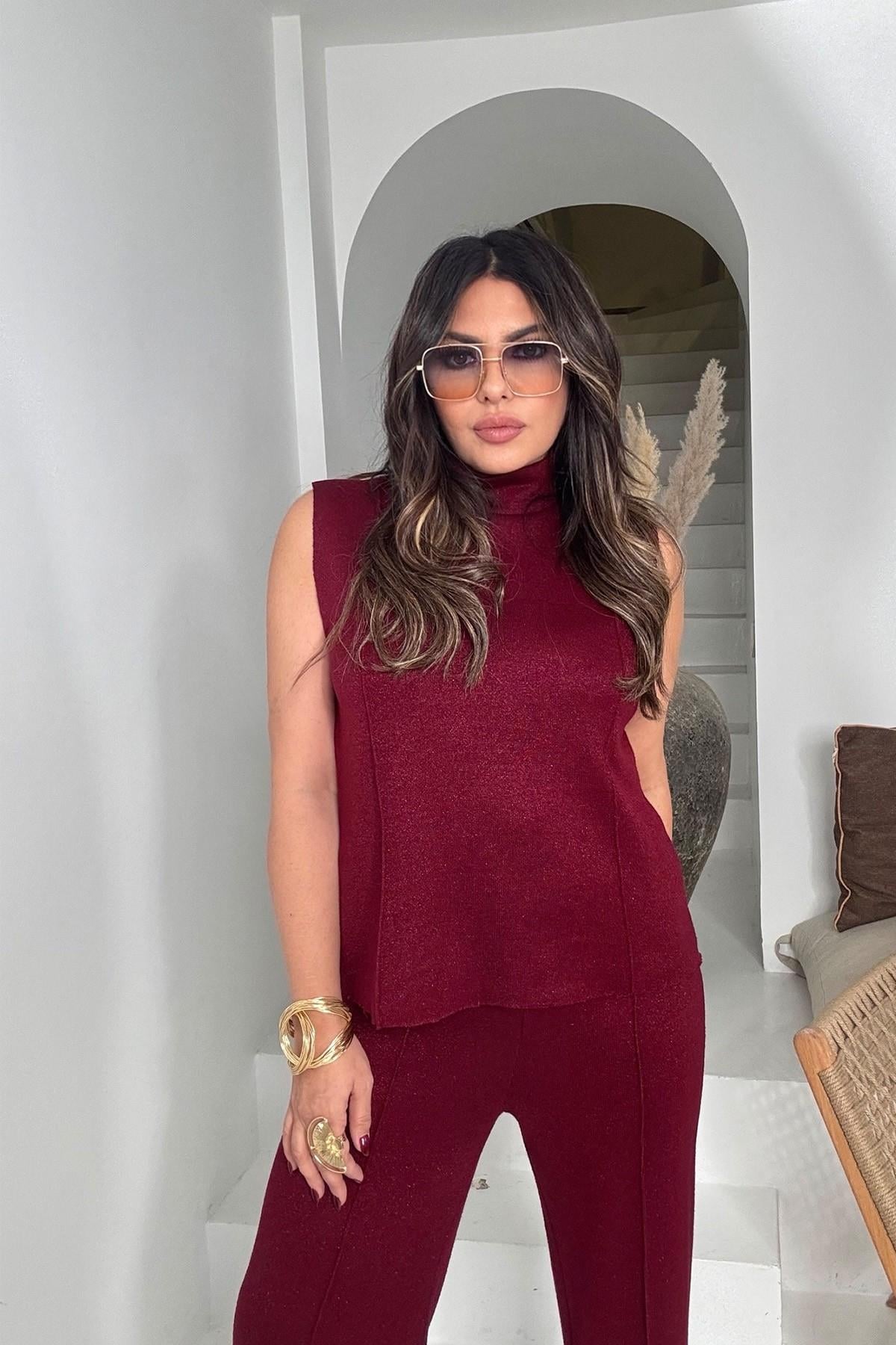 Simli Örme Kumaş Takım Bordo