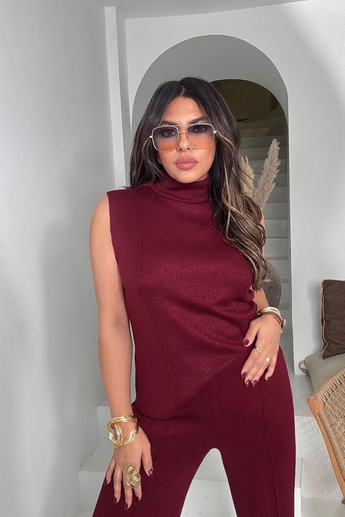 Simli Örme Kumaş Takım Bordo