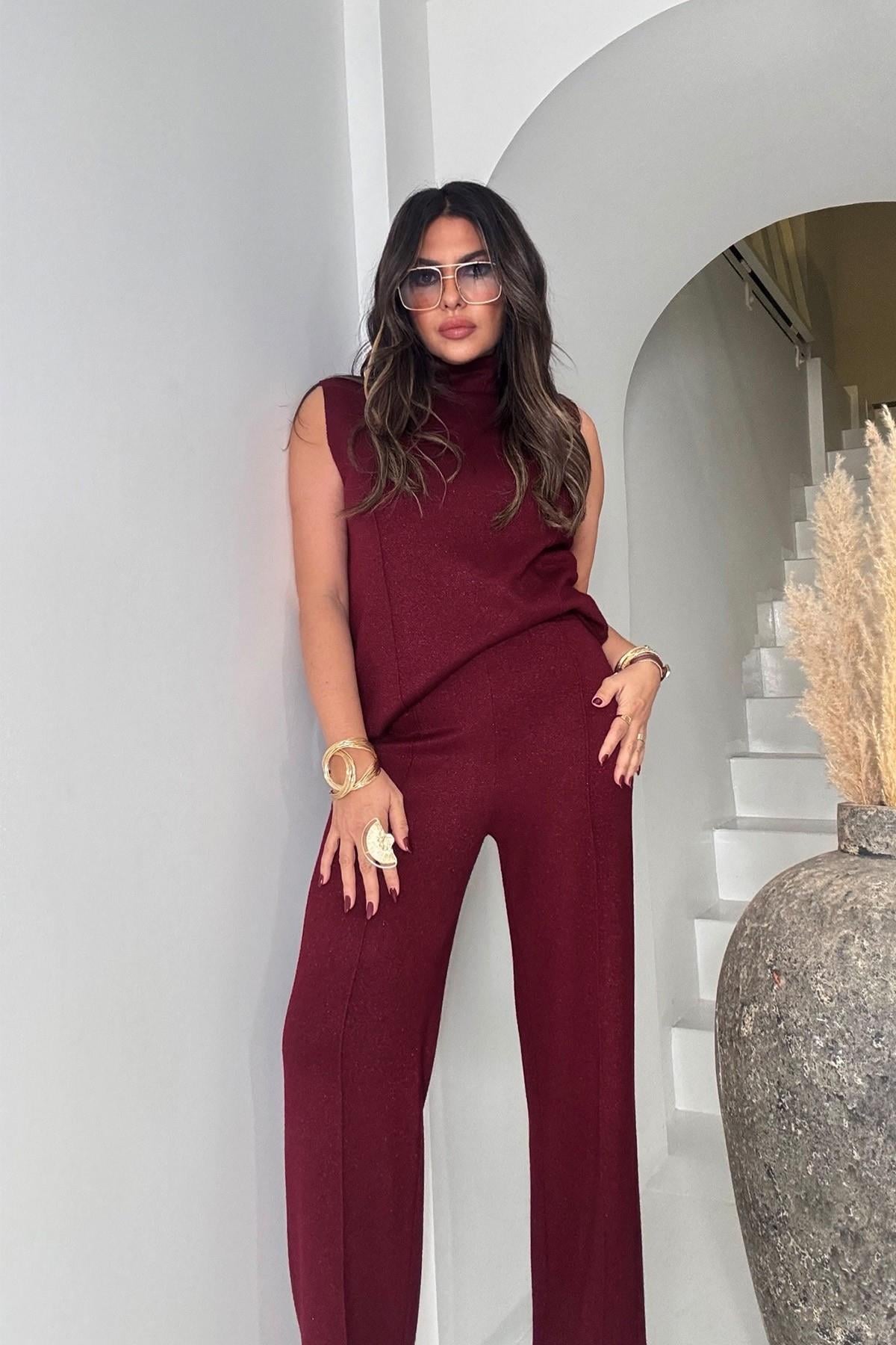 Simli Örme Kumaş Takım Bordo