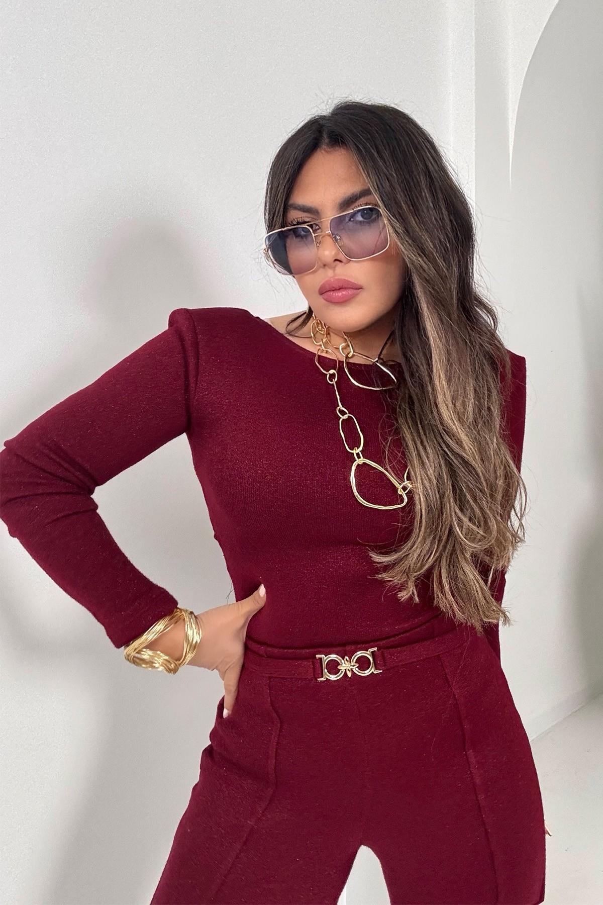 Simli Örme Sırt Detaylı Takım Bordo