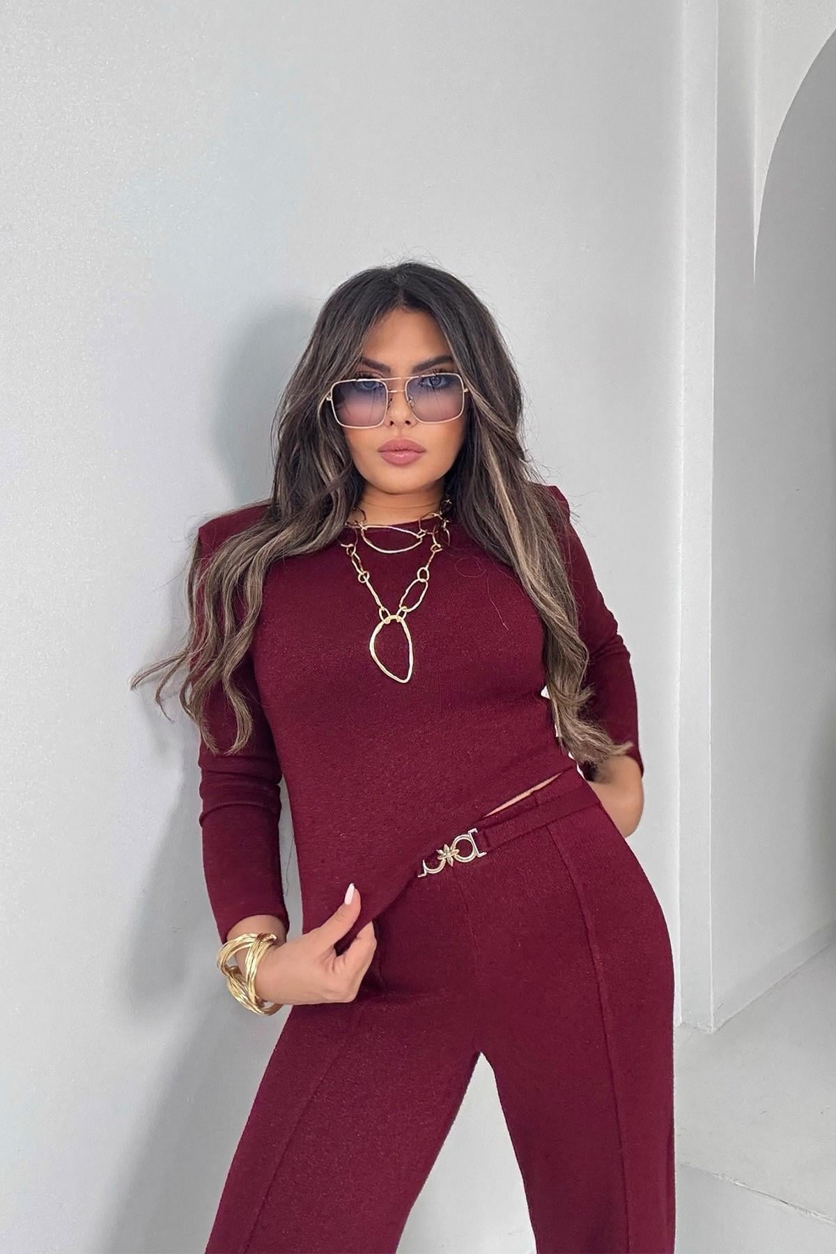 Simli Örme Sırt Detaylı Takım Bordo