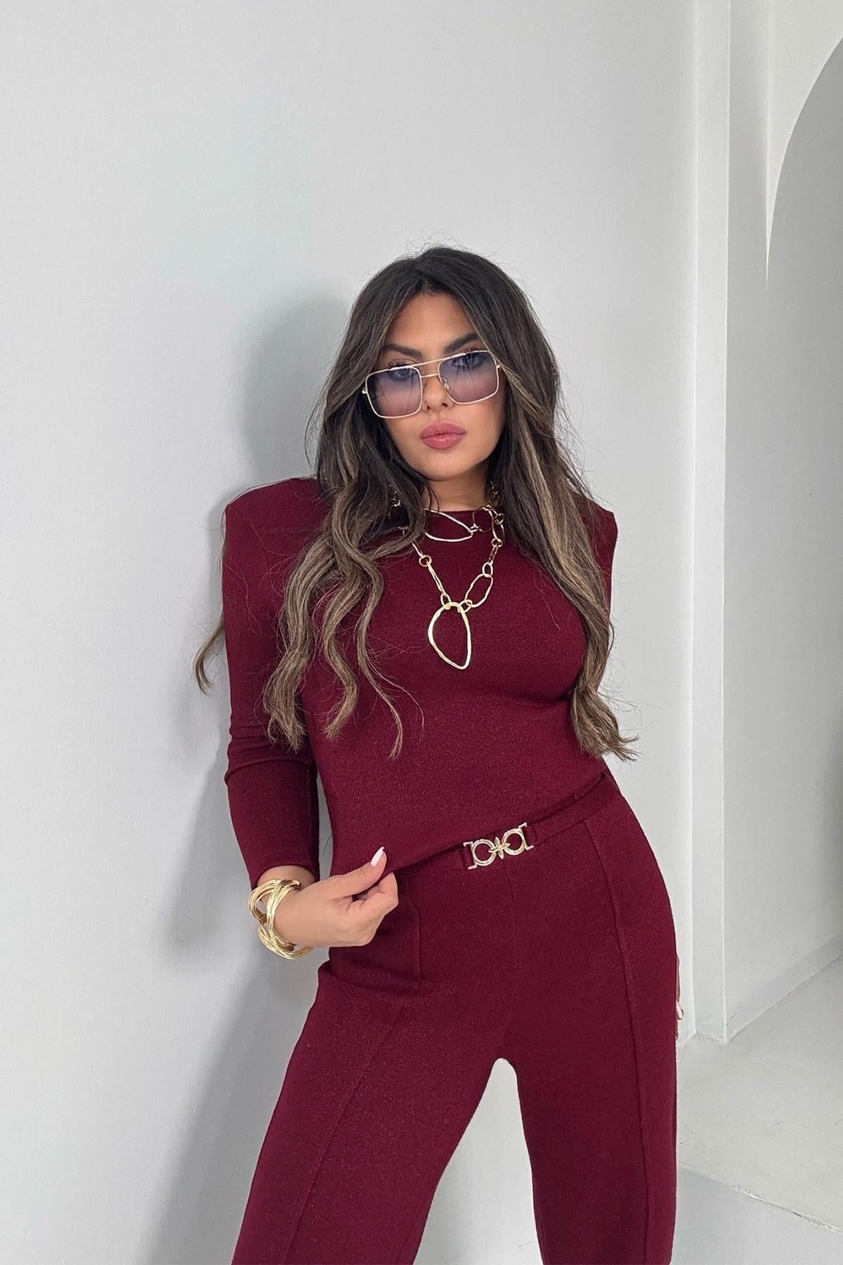 Simli Örme Sırt Detaylı Takım Bordo