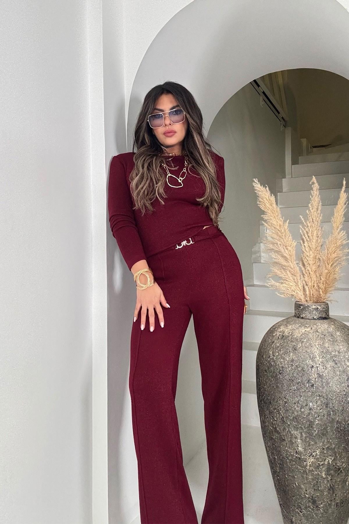Simli Örme Sırt Detaylı Takım Bordo