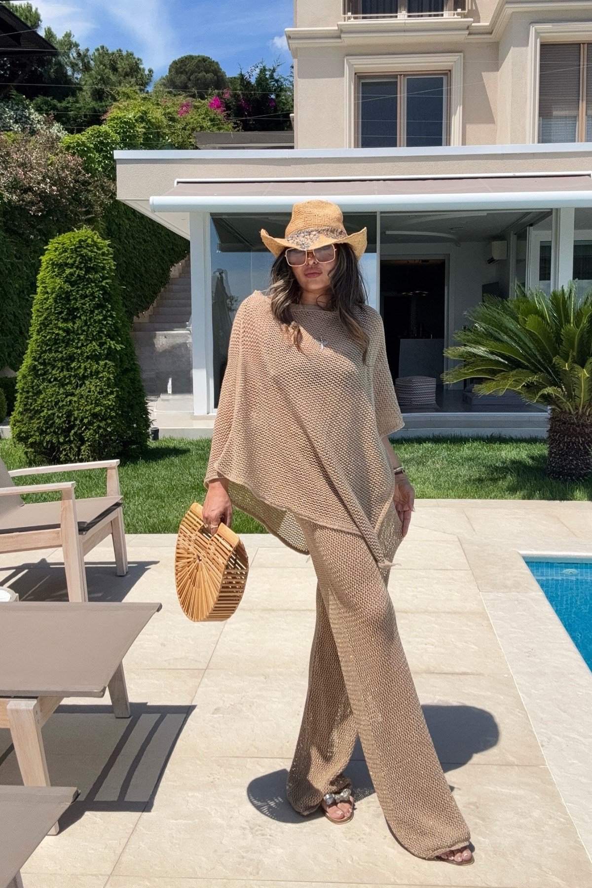 Simli Panço Model Beach Takım Camel