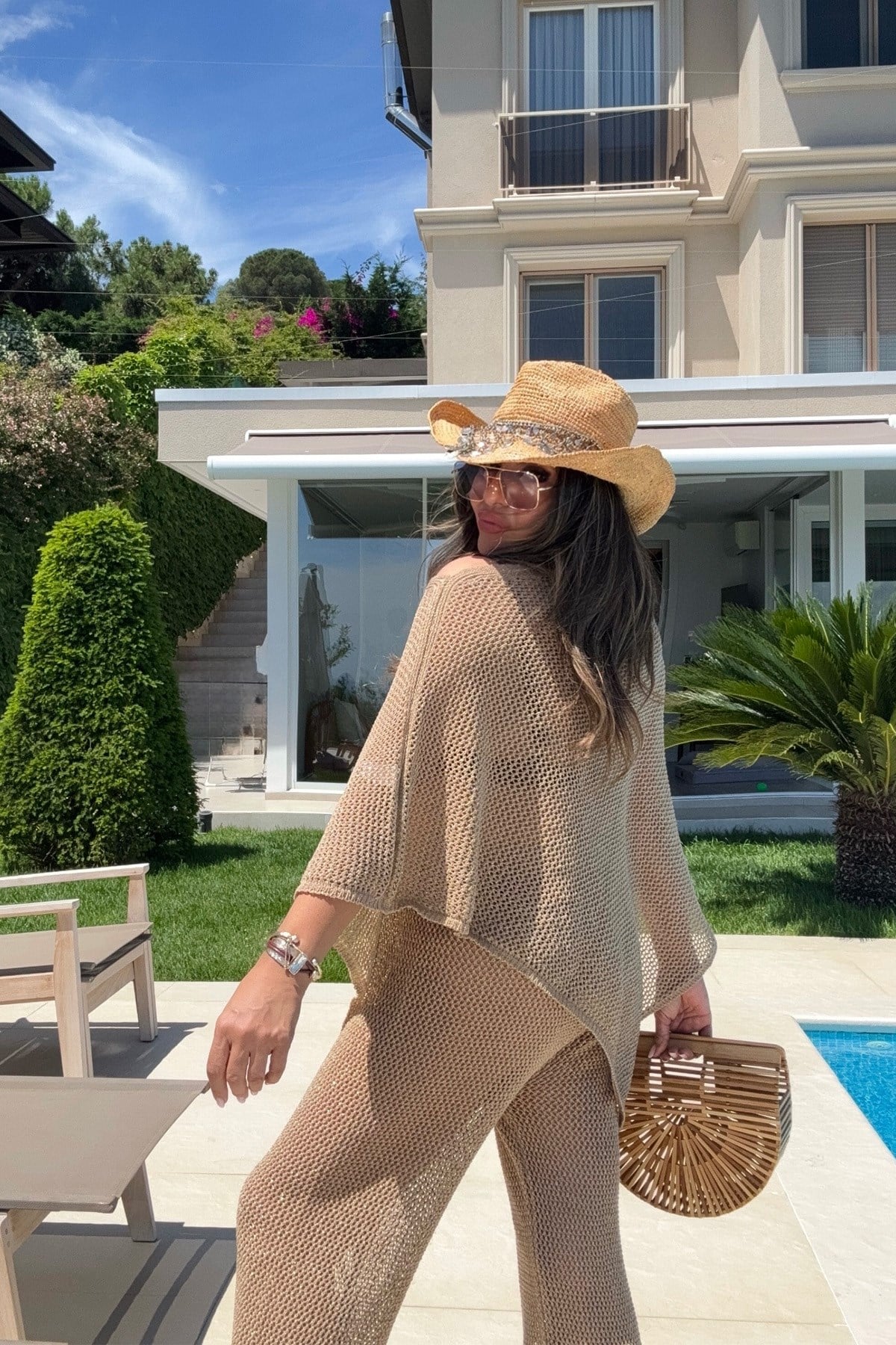 Simli Panço Model Beach Takım Camel