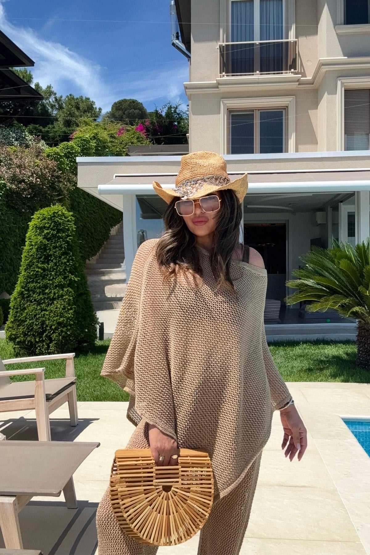 Simli Panço Model Beach Takım Camel