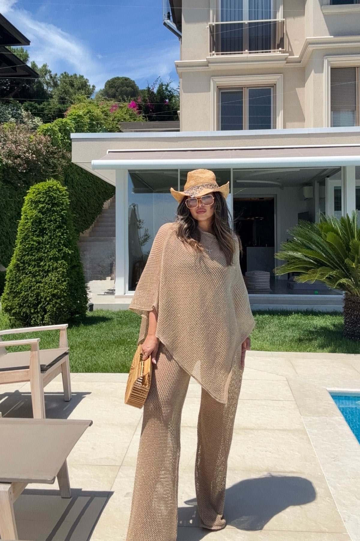 Simli Panço Model Beach Takım Camel