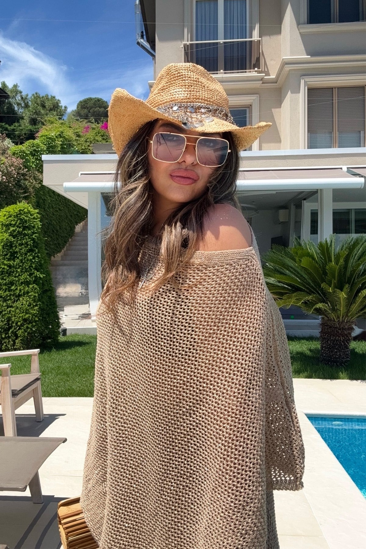 Simli Panço Model Beach Takım Camel