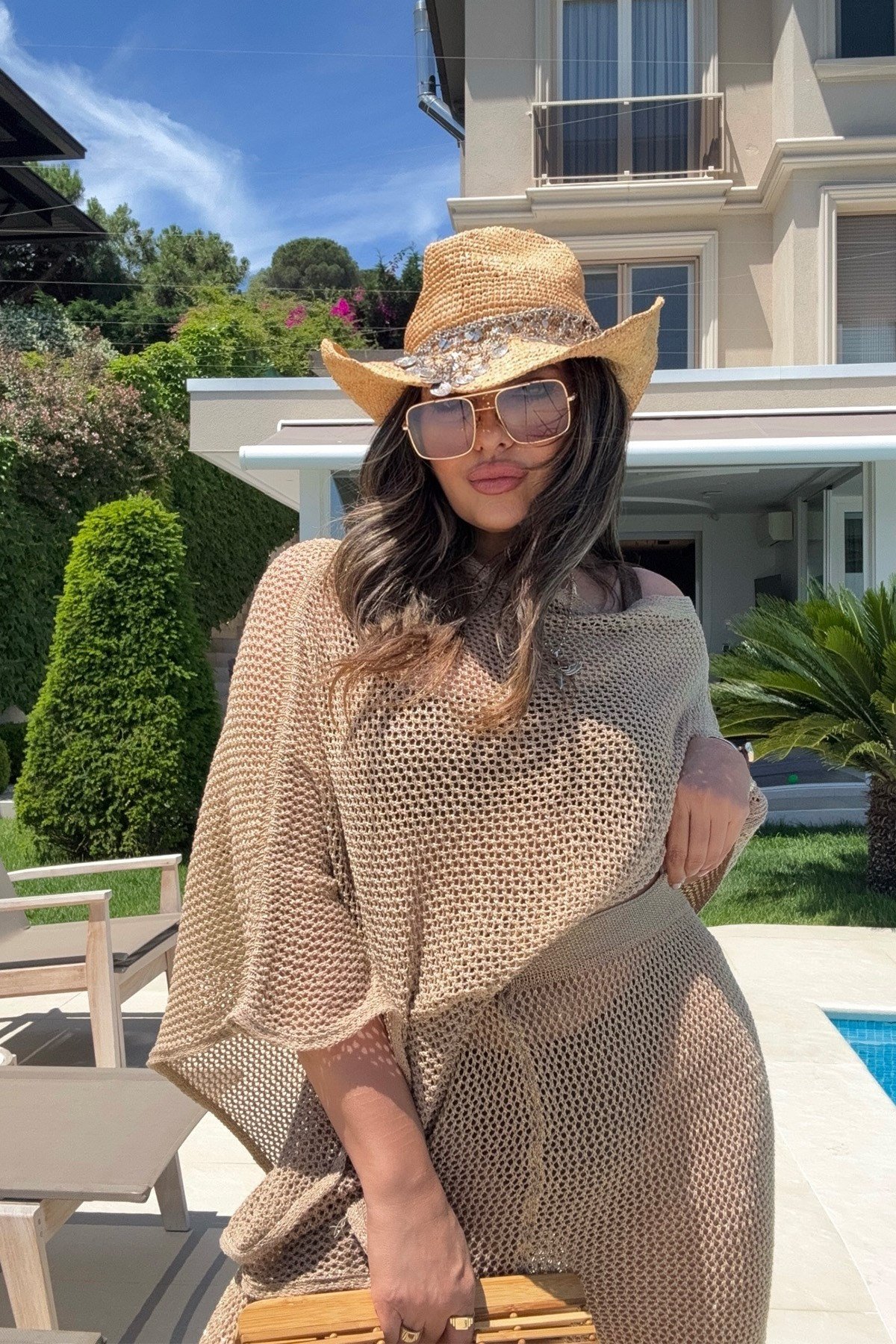 Simli Panço Model Beach Takım Camel