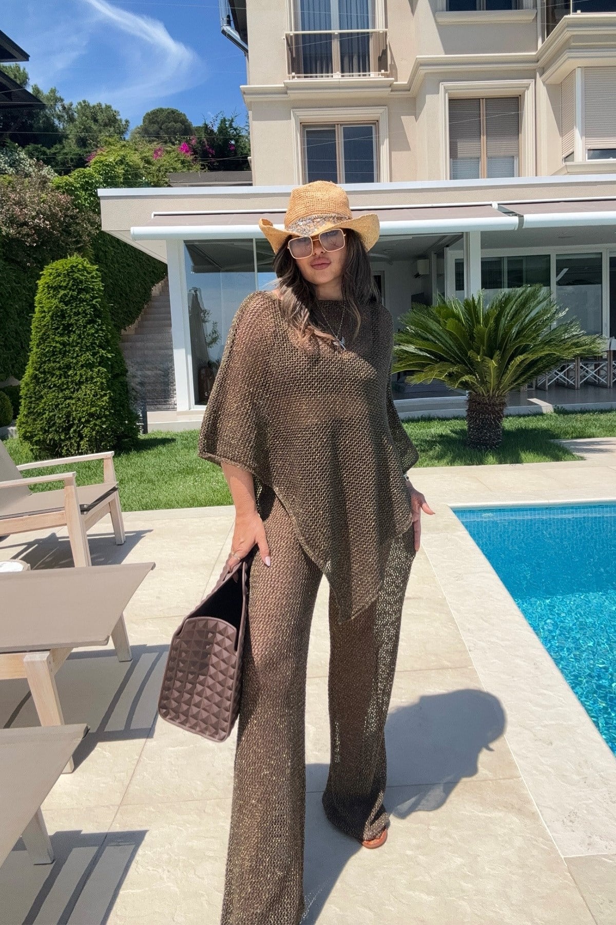 Simli Panço Model Beach Takım Kahve
