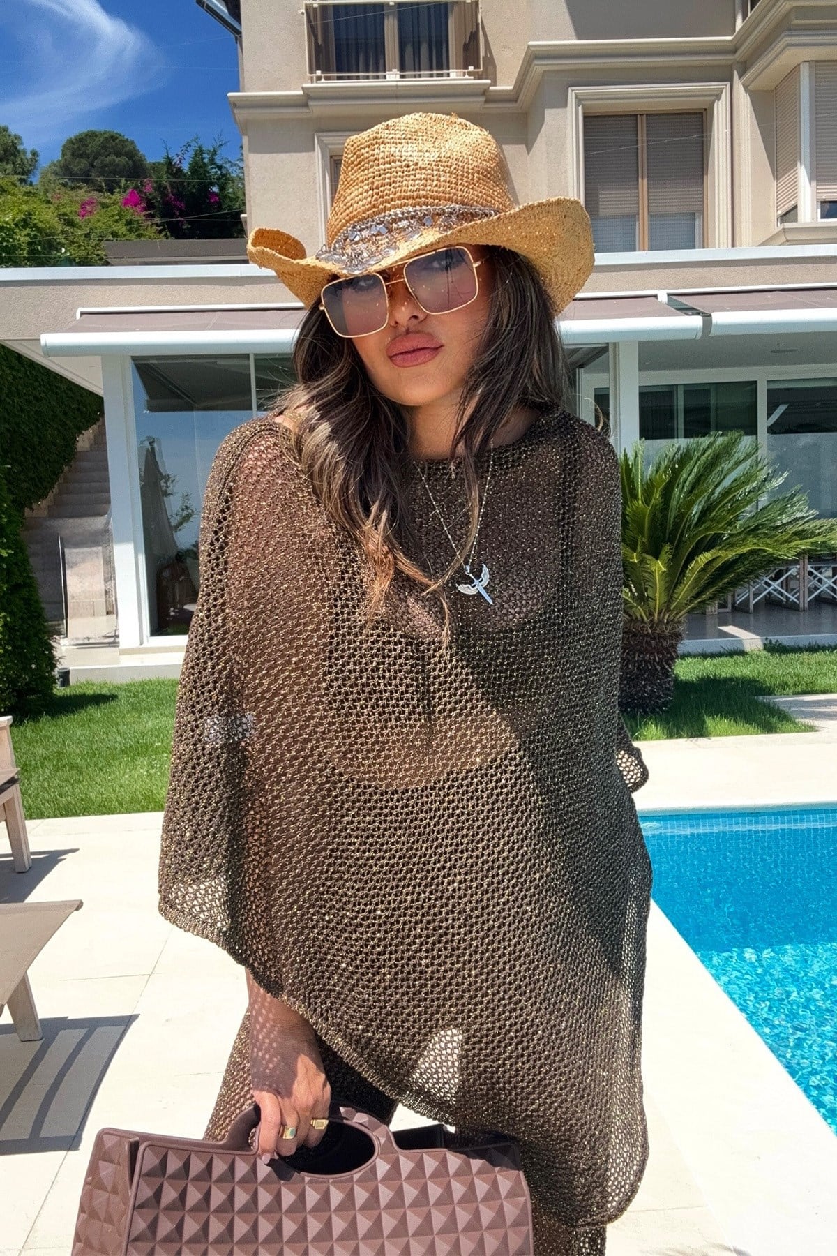 Simli Panço Model Beach Takım Kahve