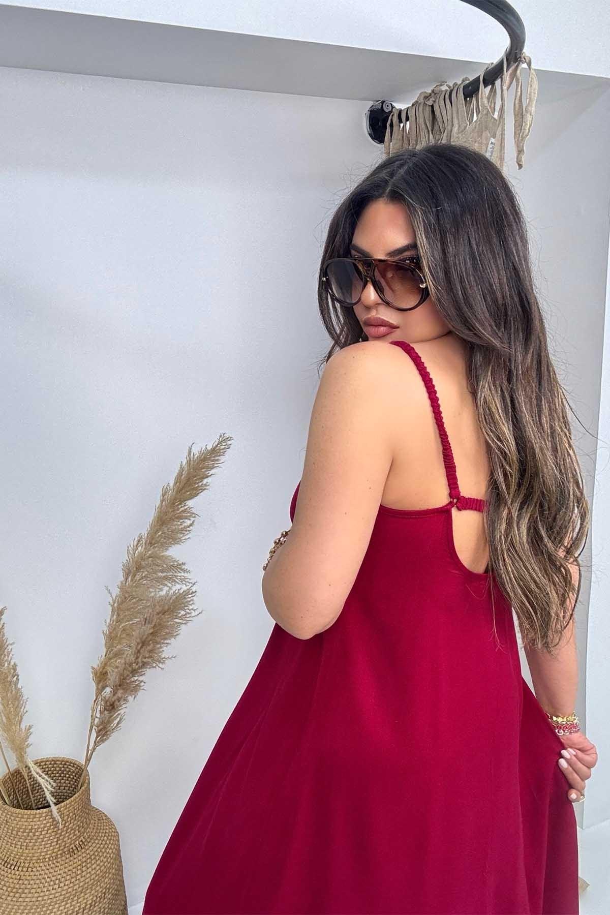 Sırt Detay Marka Model Askılı Elbise Bordo