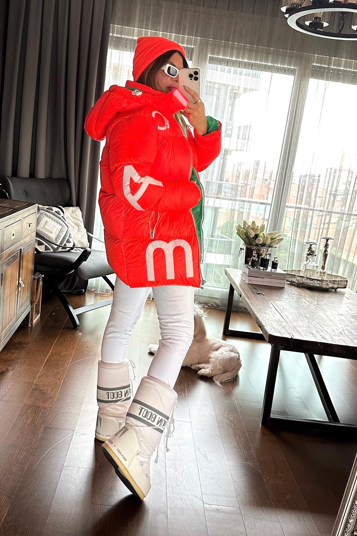 Şişme Oversize Harf Baskılı Mont Neon Turuncu