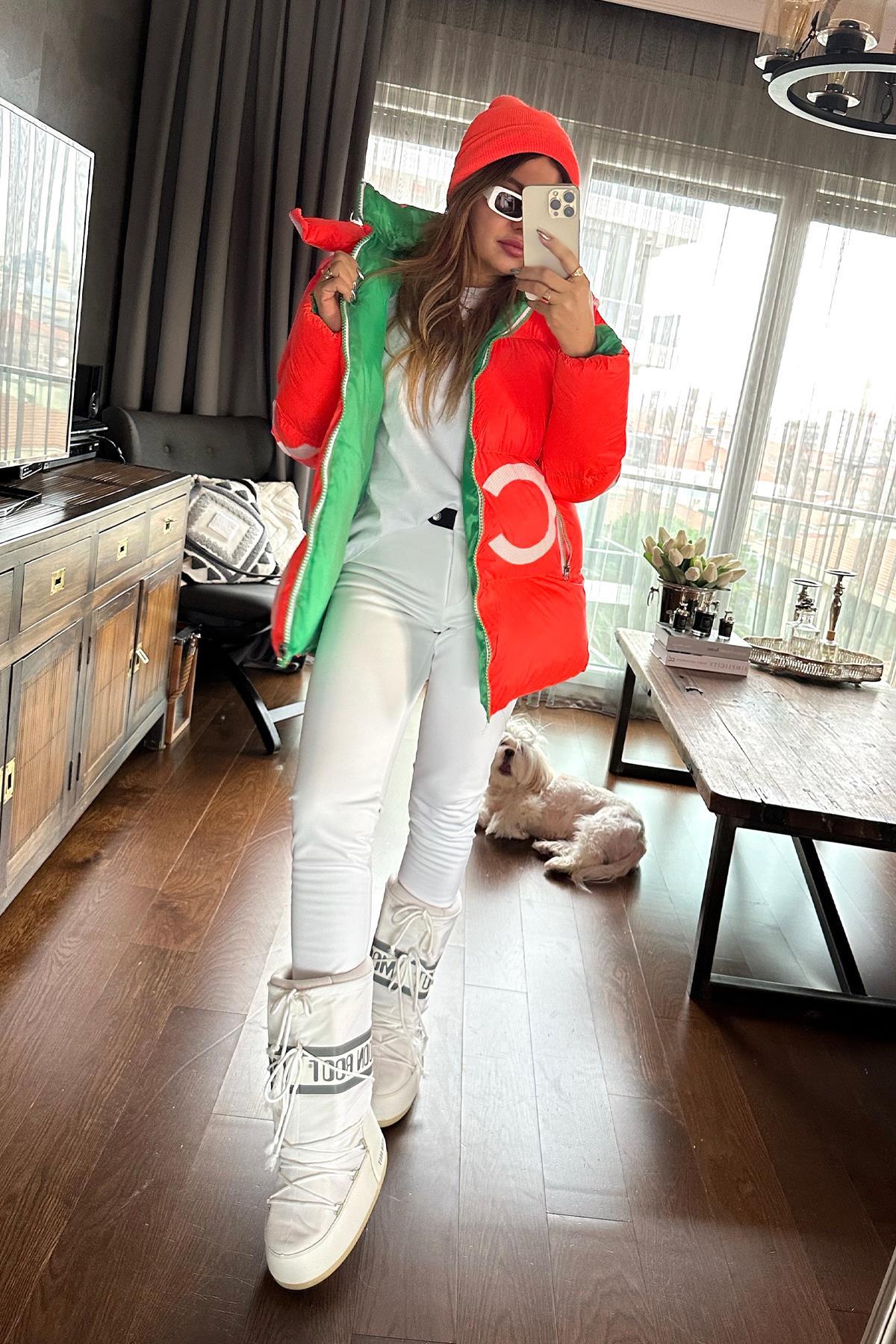 Şişme Oversize Harf Baskılı Mont Neon Turuncu