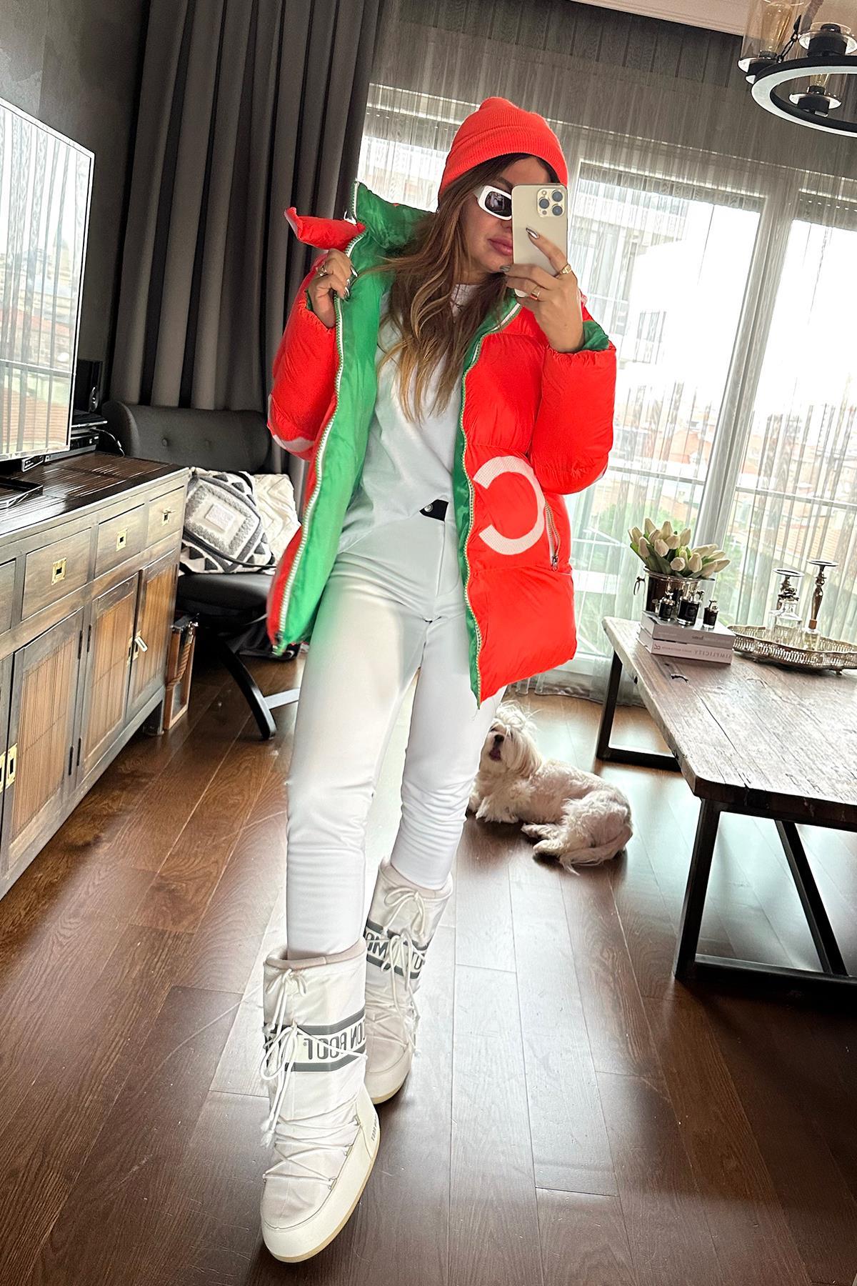 Şişme Oversize Harf Baskılı Mont Neon Turuncu