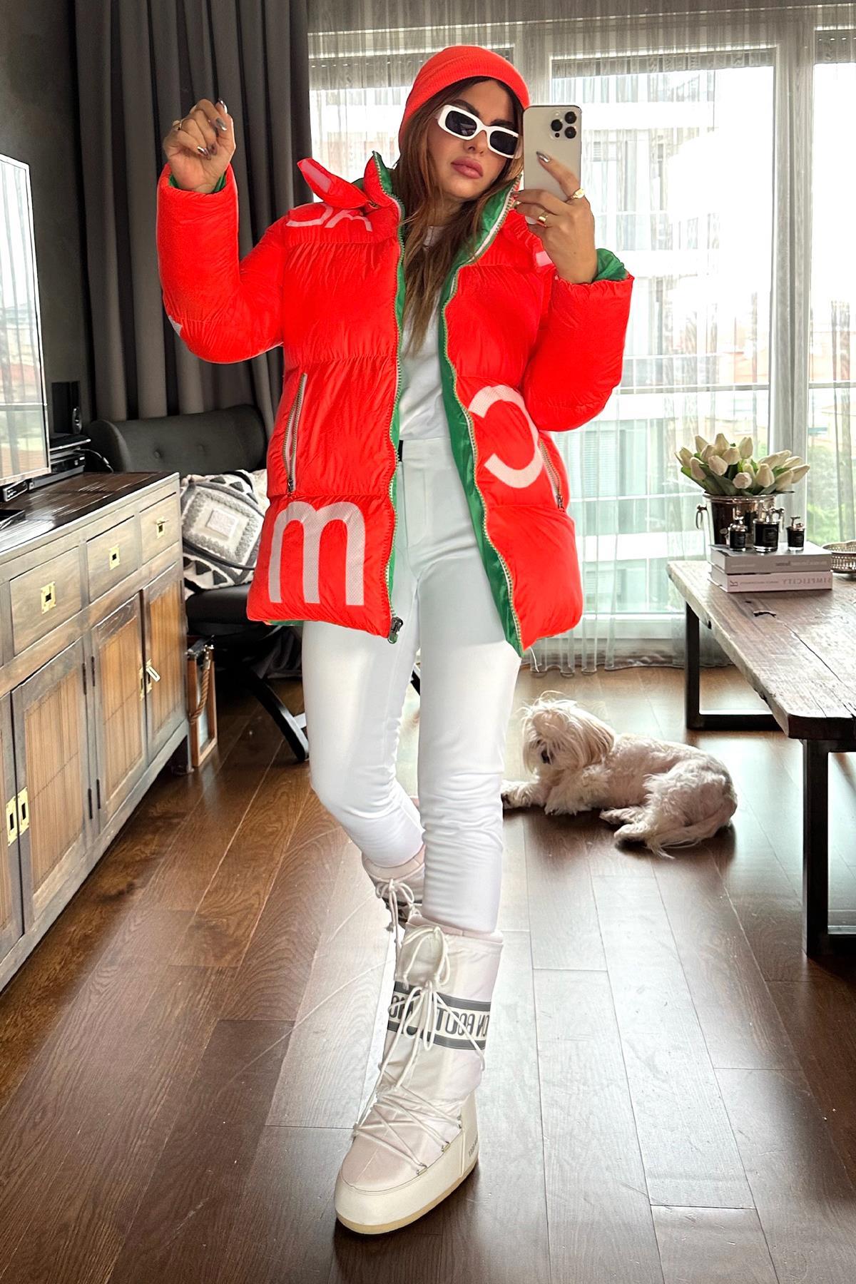 Şişme Oversize Harf Baskılı Mont Neon Turuncu