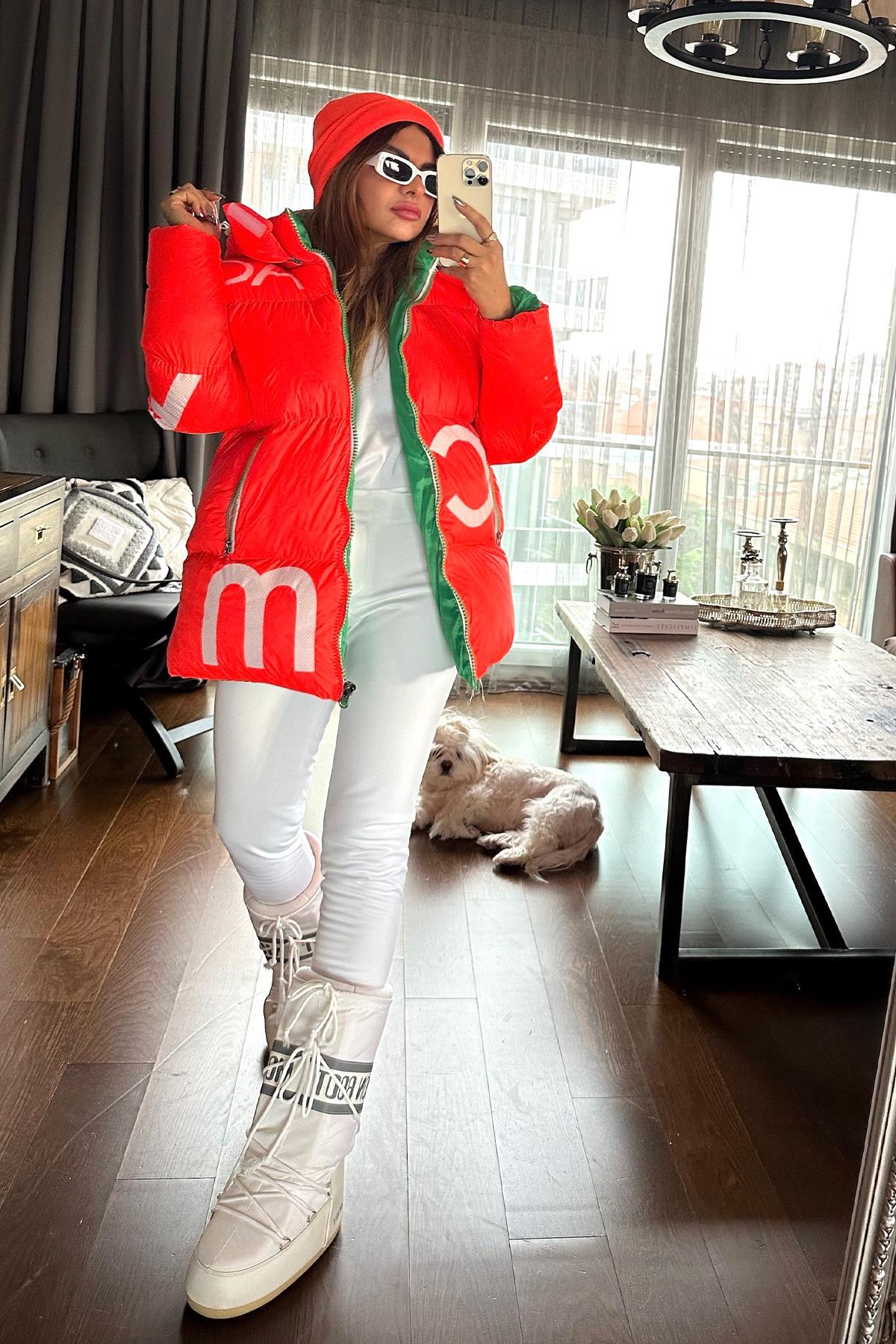 Şişme Oversize Harf Baskılı Mont Neon Turuncu