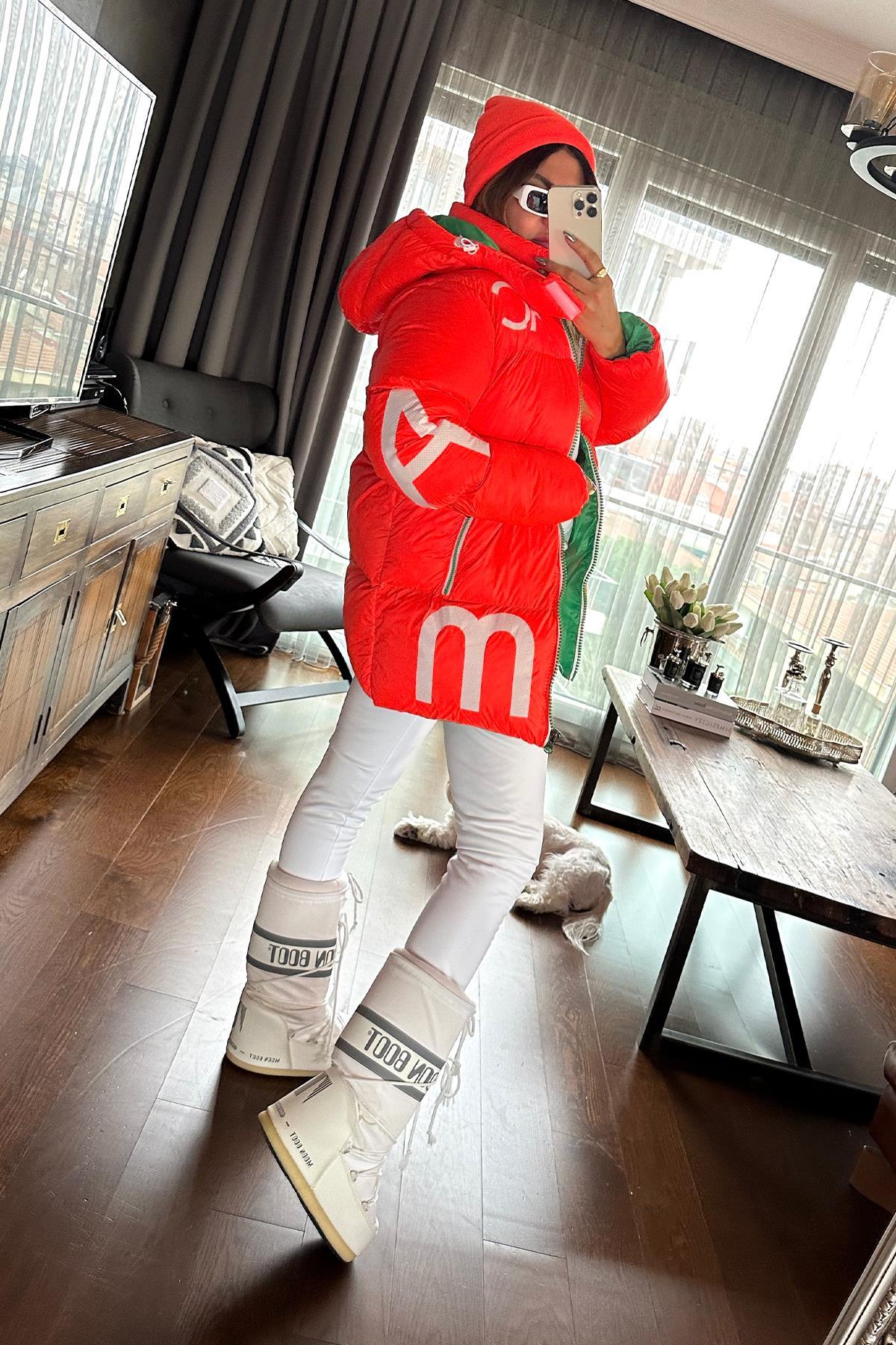 Şişme Oversize Harf Baskılı Mont Neon Turuncu