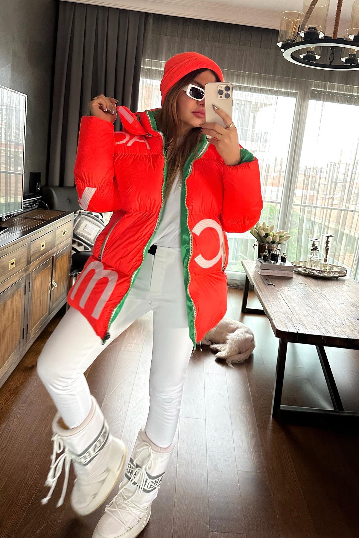 Şişme Oversize Harf Baskılı Mont Neon Turuncu