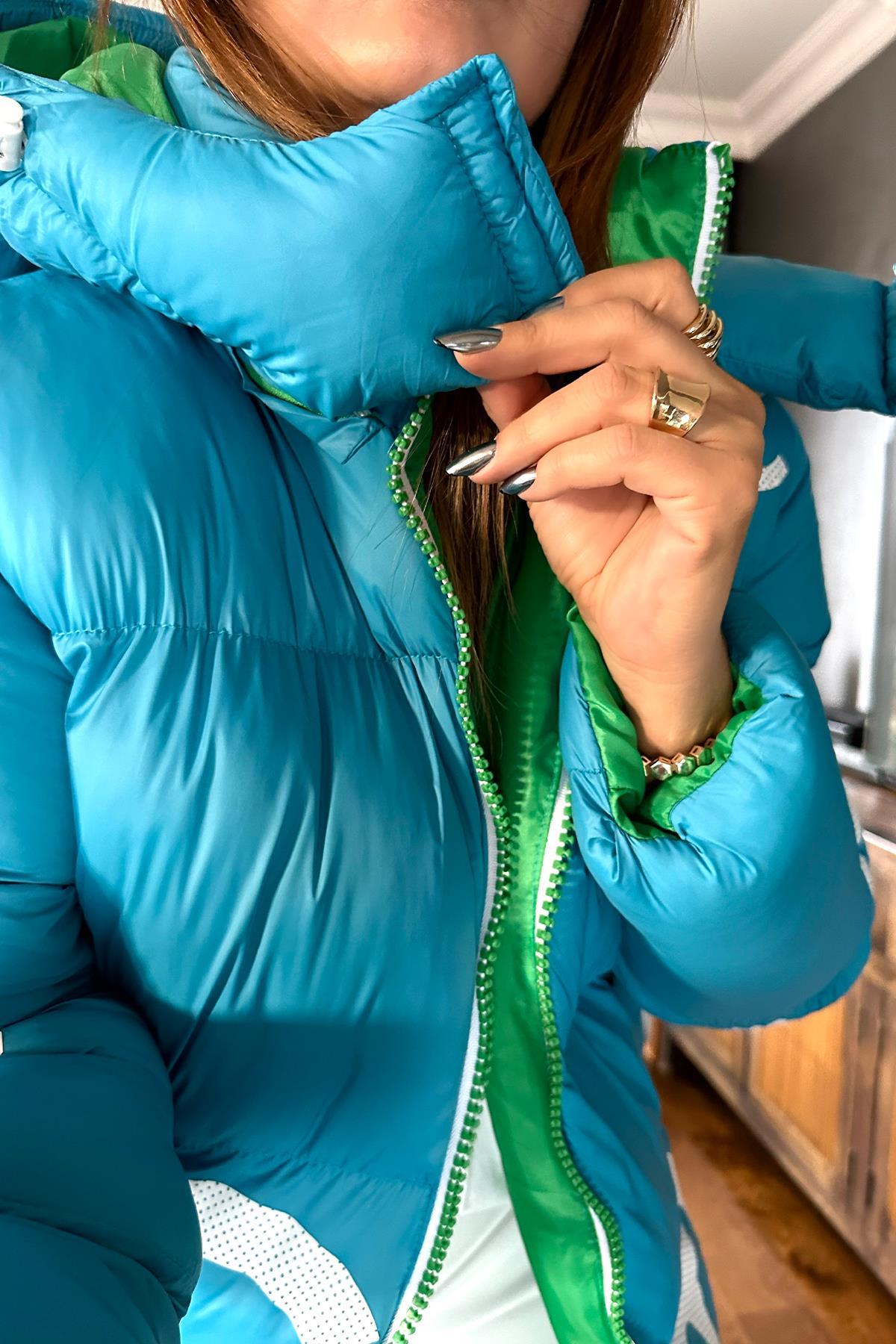 Şişme Oversize Harf Baskılı Mont Turkuaz