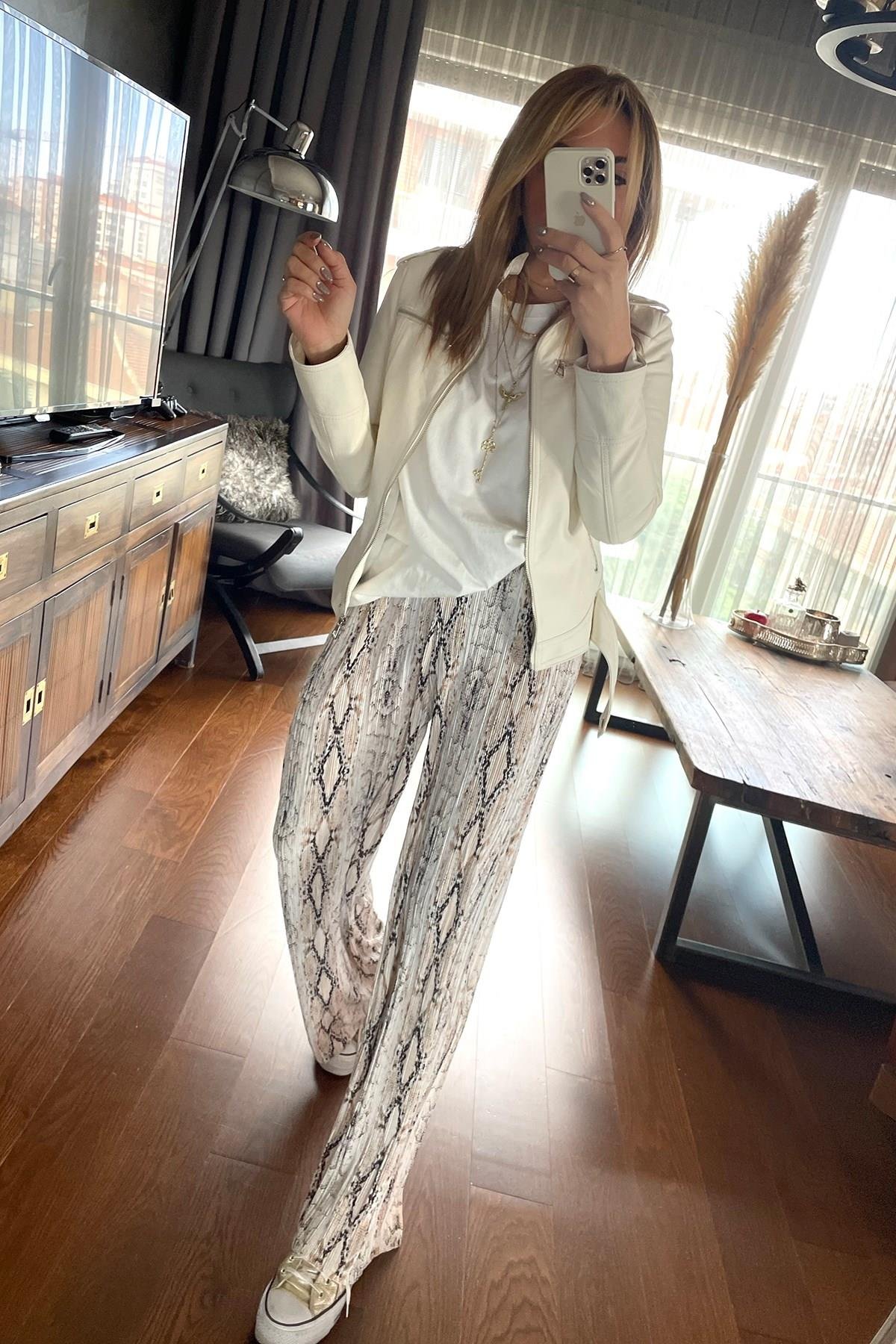Slim Fit Deri Ceket Ekru