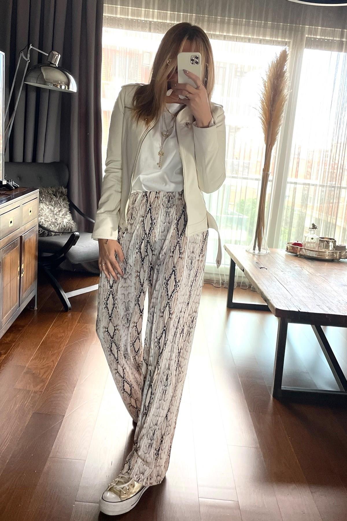 Slim Fit Deri Ceket Ekru