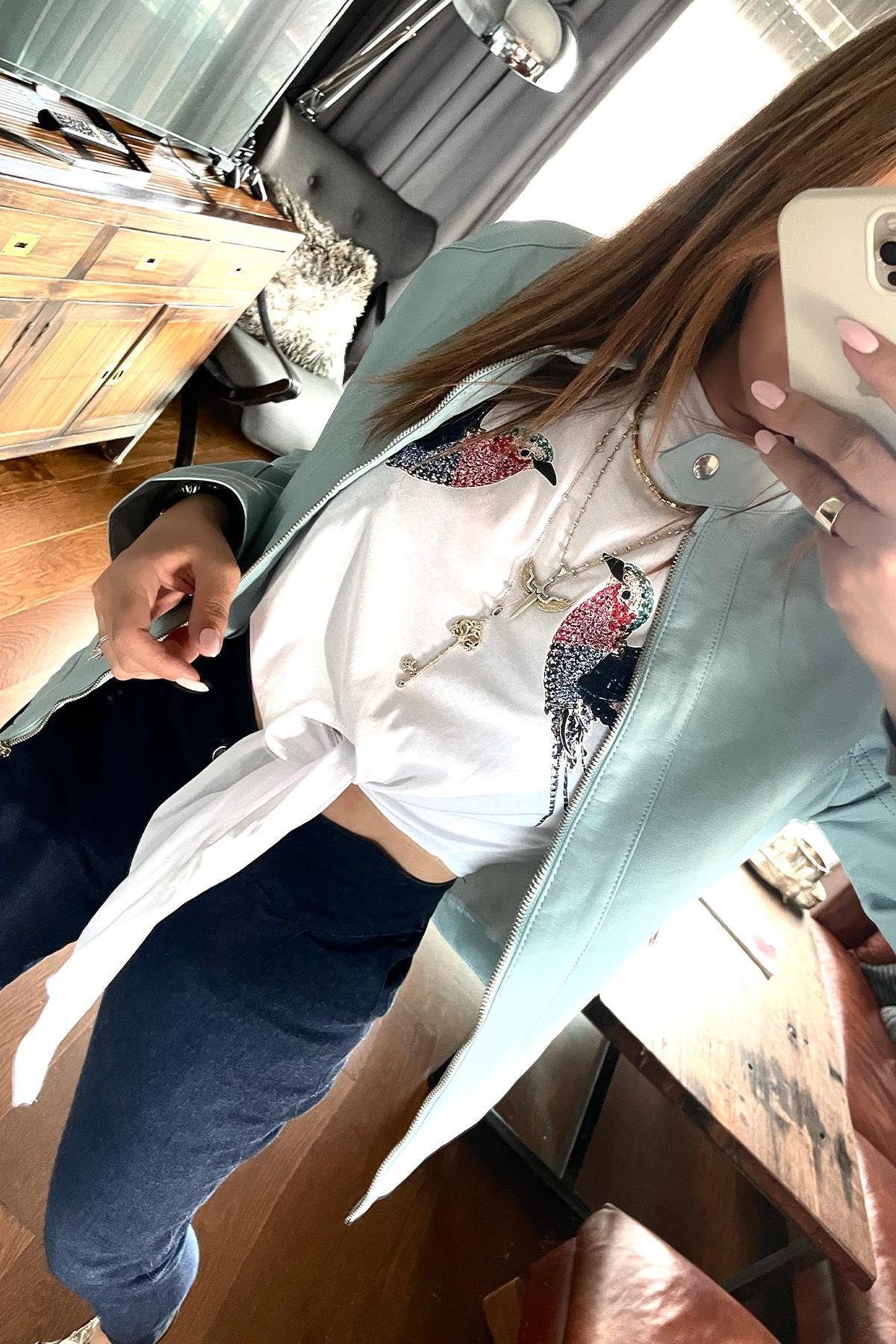 Slim Fit Deri Ceket Mavi