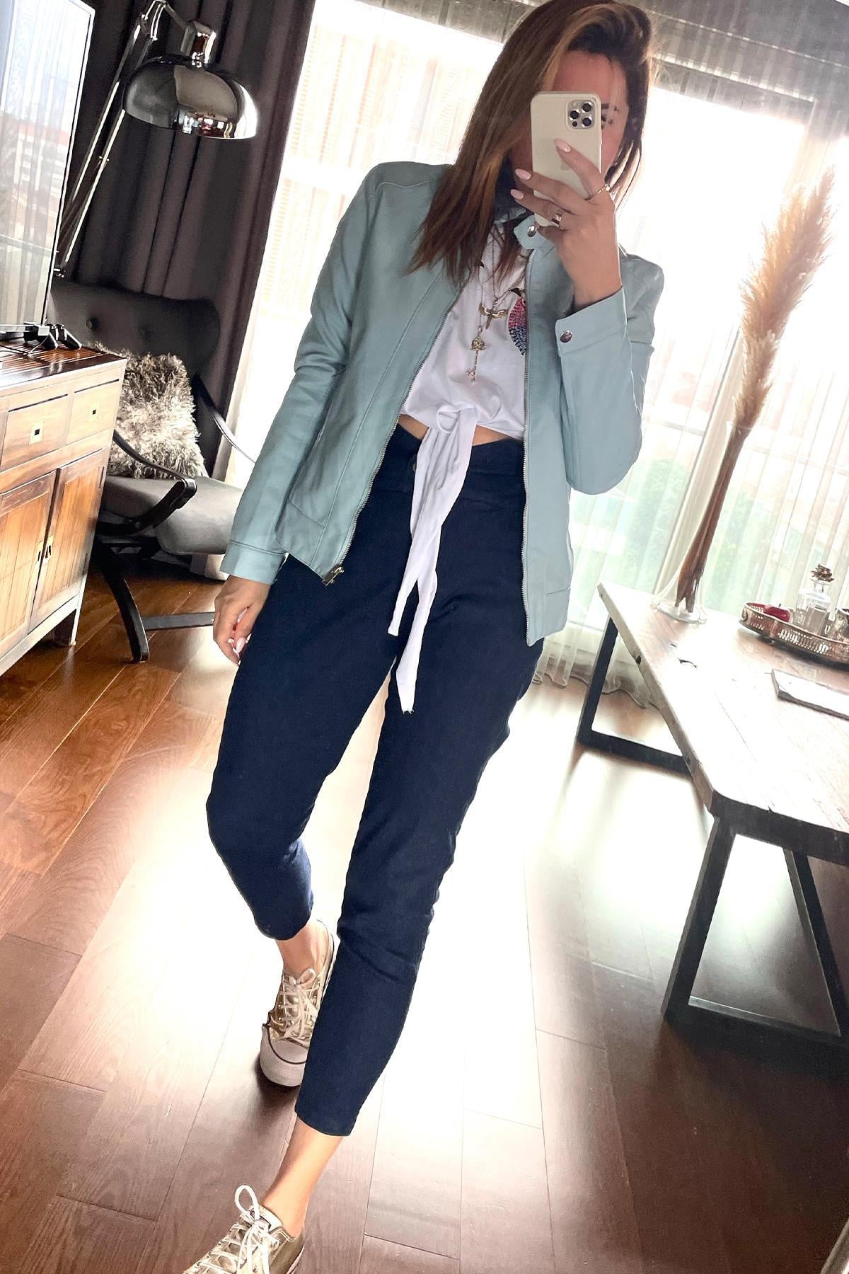 Slim Fit Deri Ceket Mavi