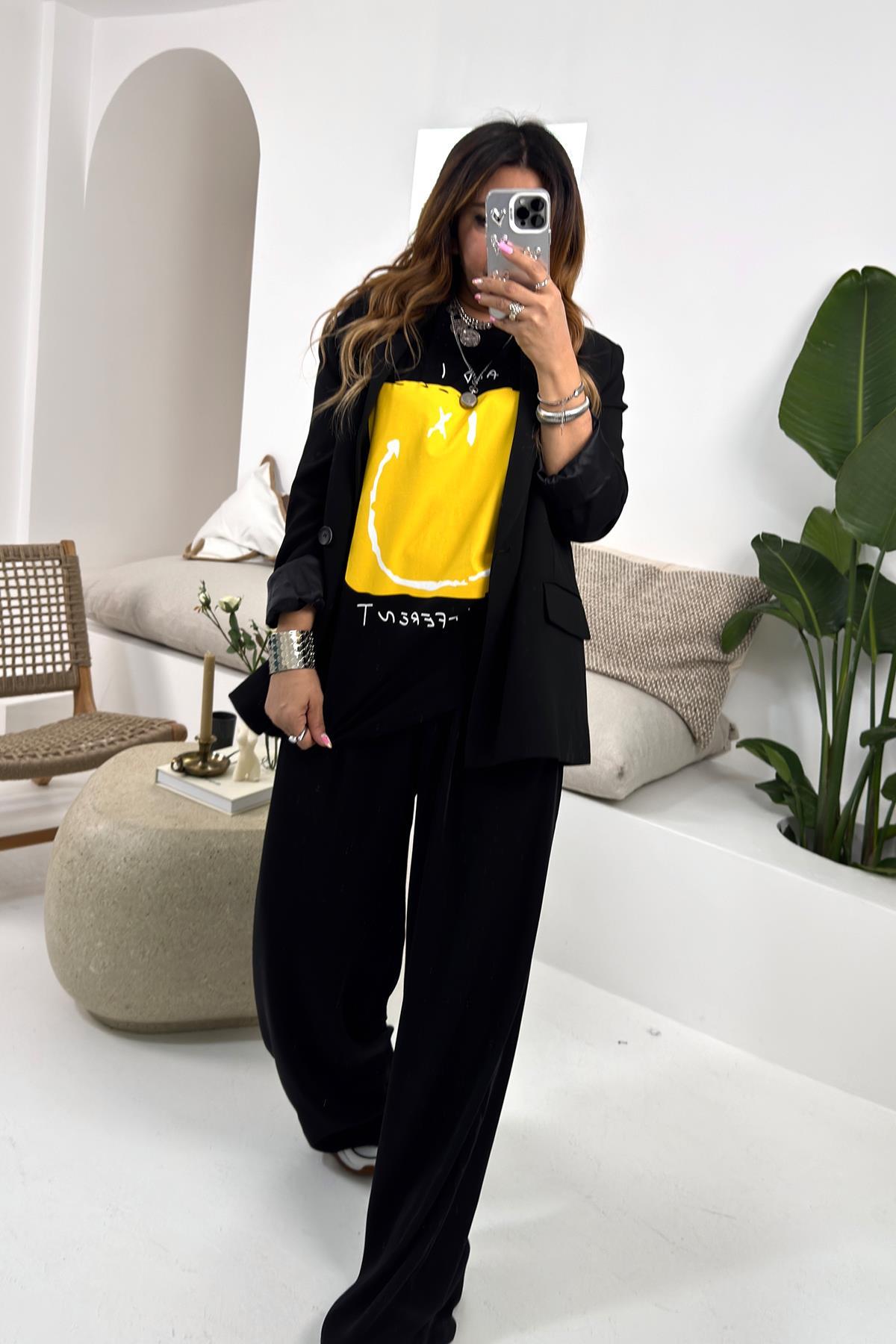 Smiley Tshirt Siyah-Sarı