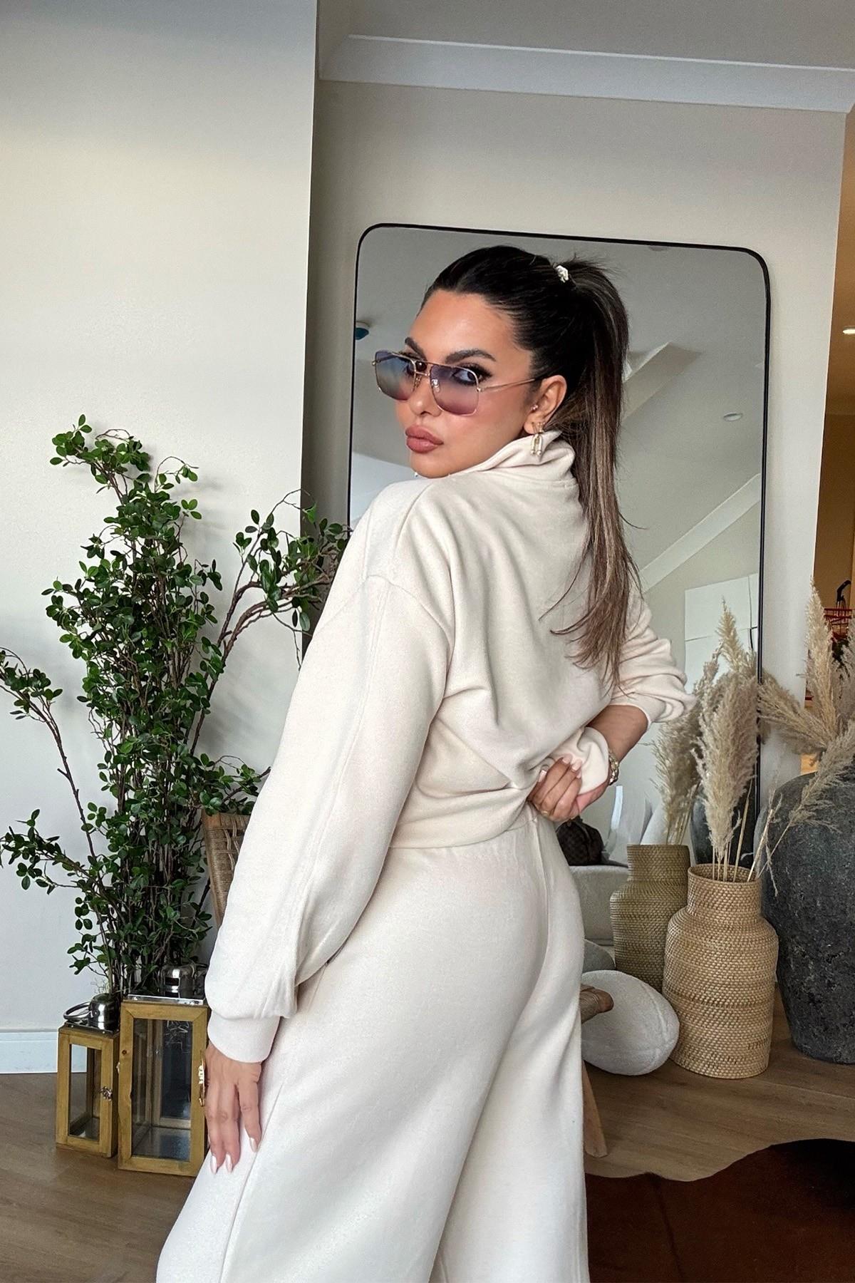 Soft Touch Yarım Fermuarlı Eşofman Takım Krem