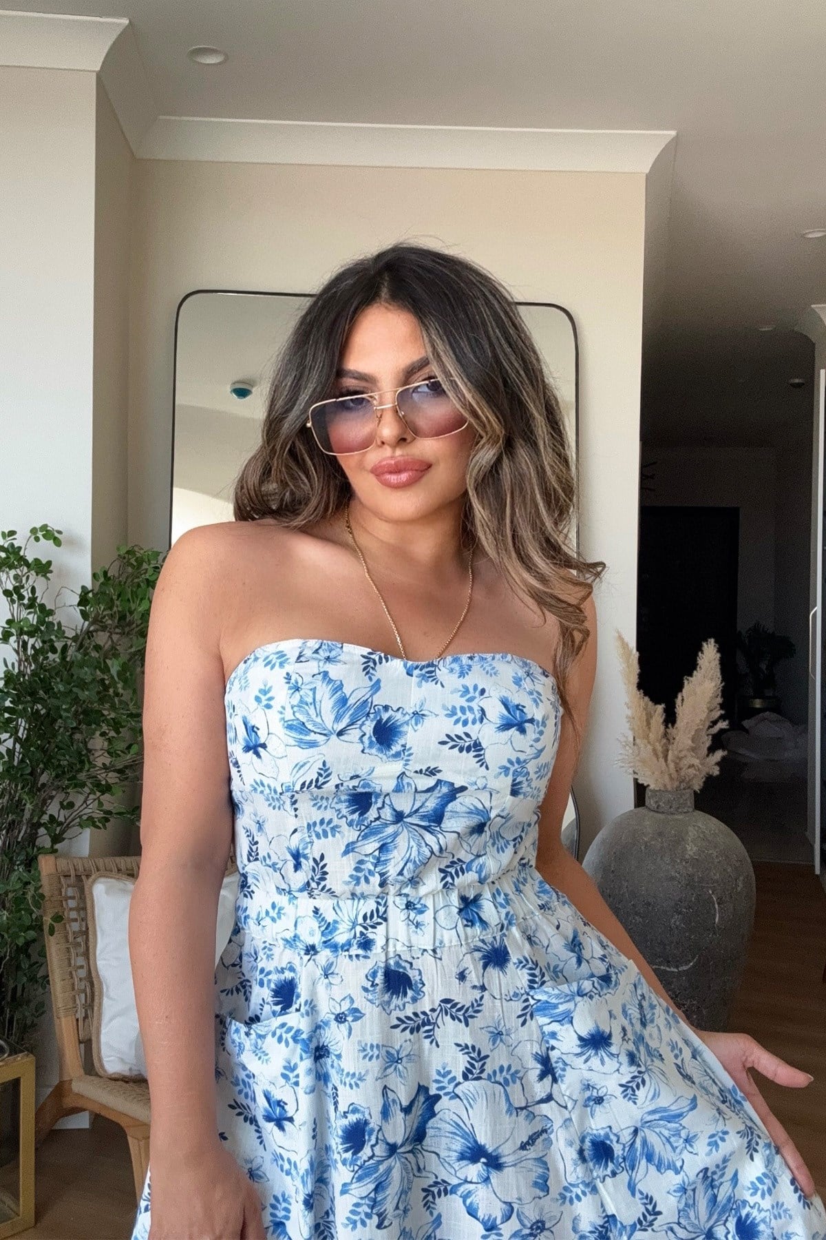 Straplez Çiçek Desenli Pamuk Elbise Mavi