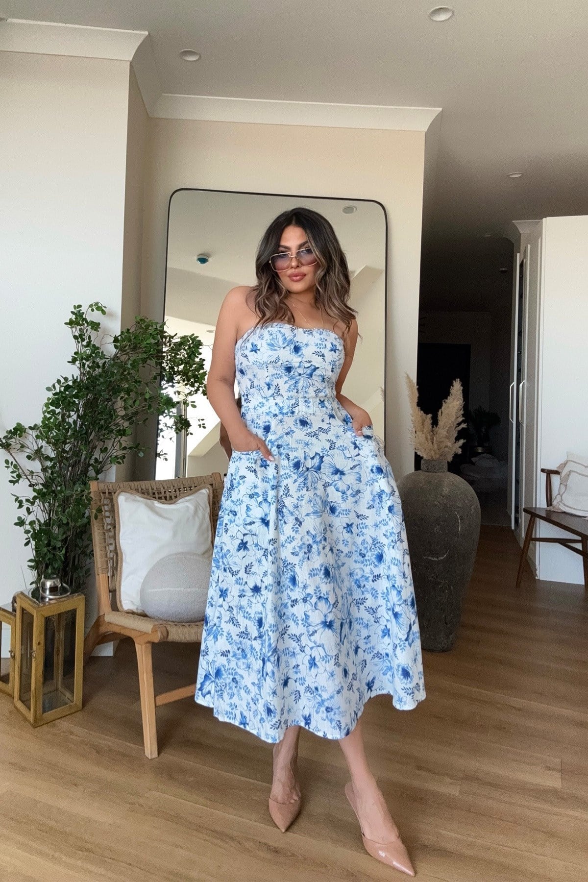 Straplez Çiçek Desenli Pamuk Elbise Mavi