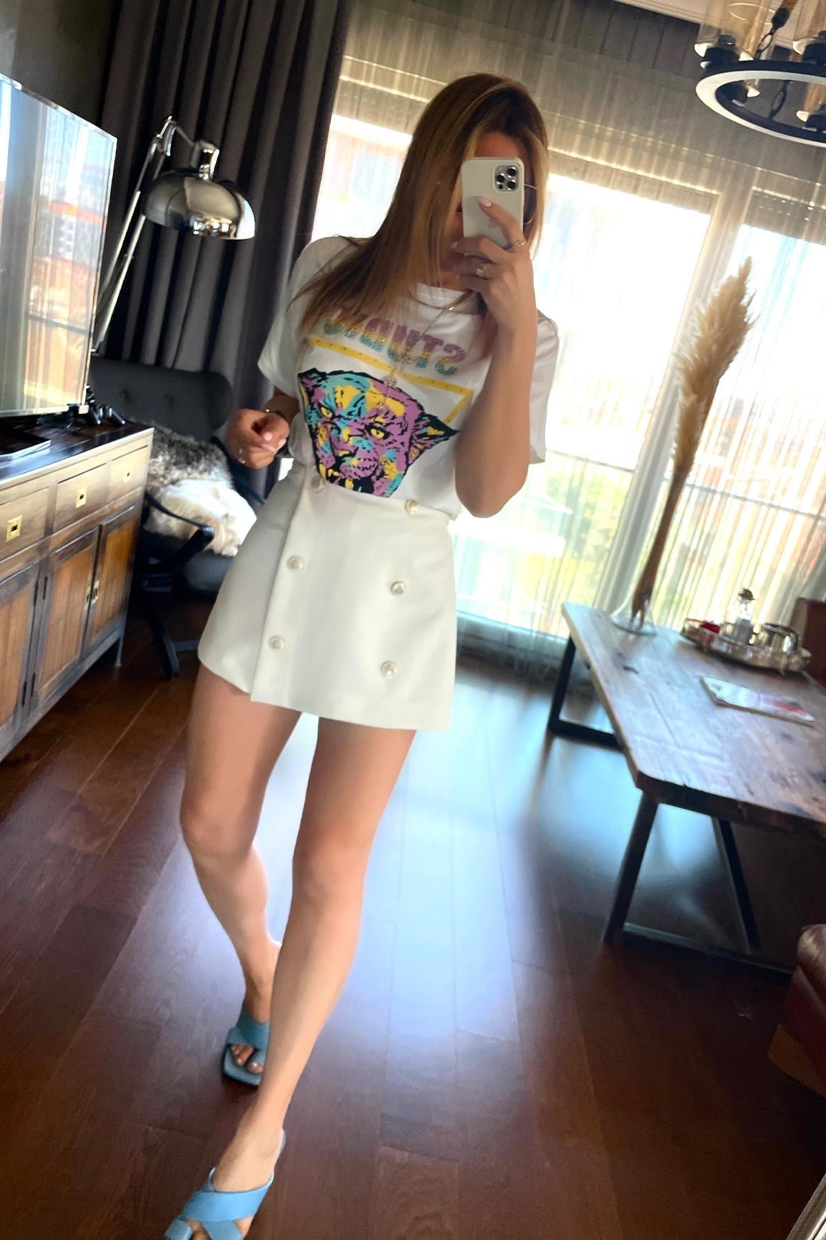 Studio Taşlı Tshirt Ekru
