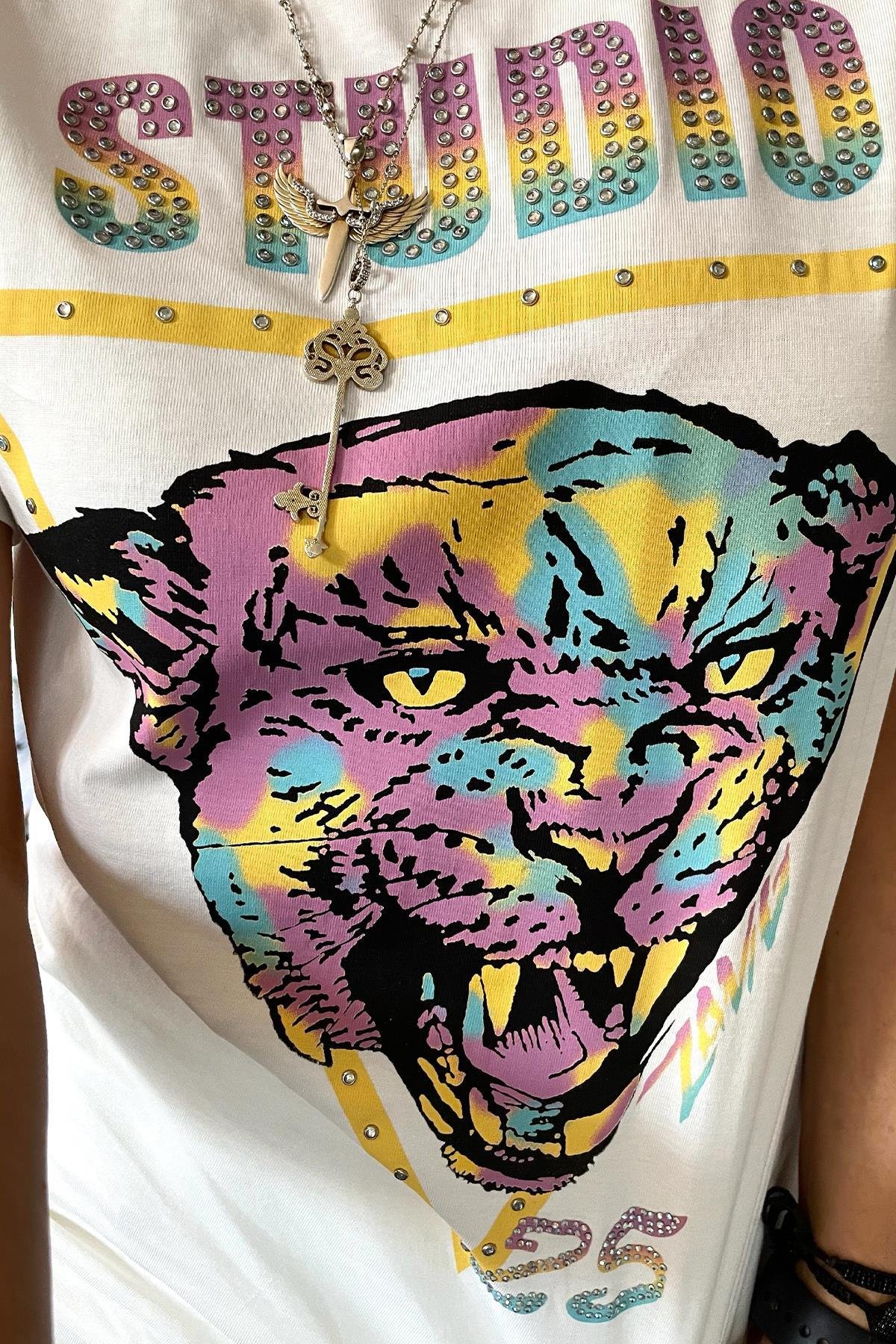 Studio Taşlı Tshirt Ekru