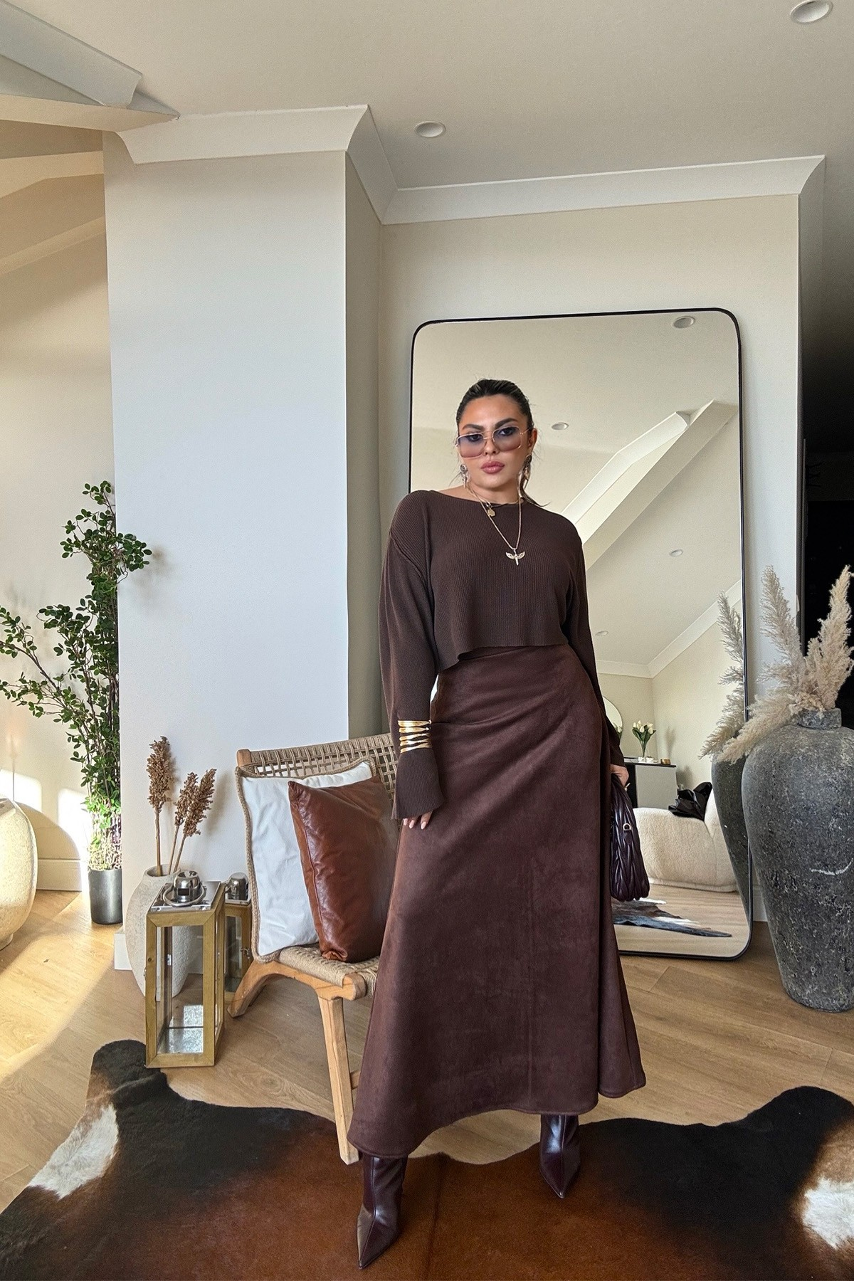 Süet Görünümlü Kalın Bel Lastikli Etek Kahve