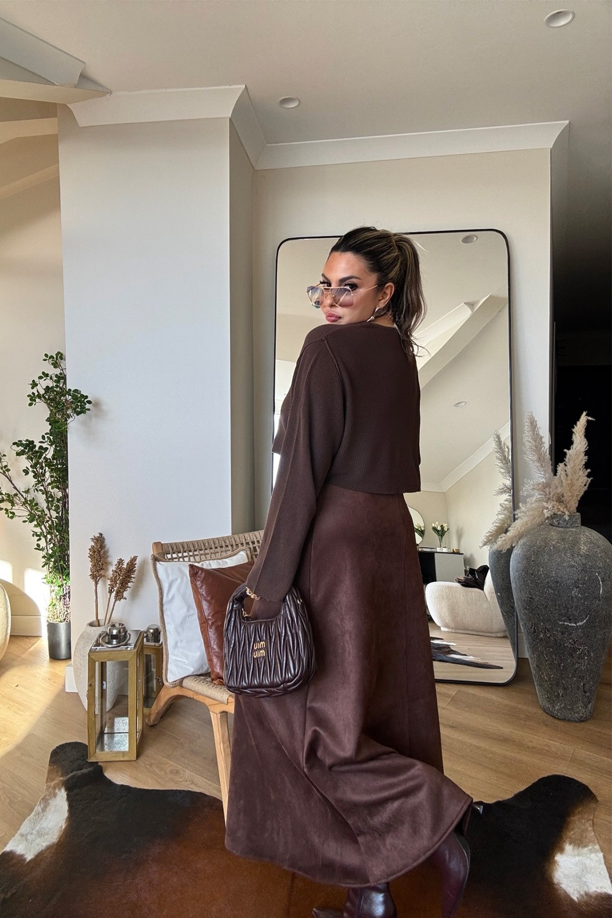 Süet Görünümlü Kalın Bel Lastikli Etek Kahve