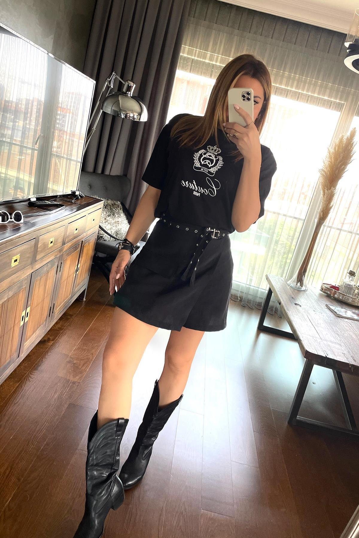 Taç Taş İşlemeli Tshirt Siyah
