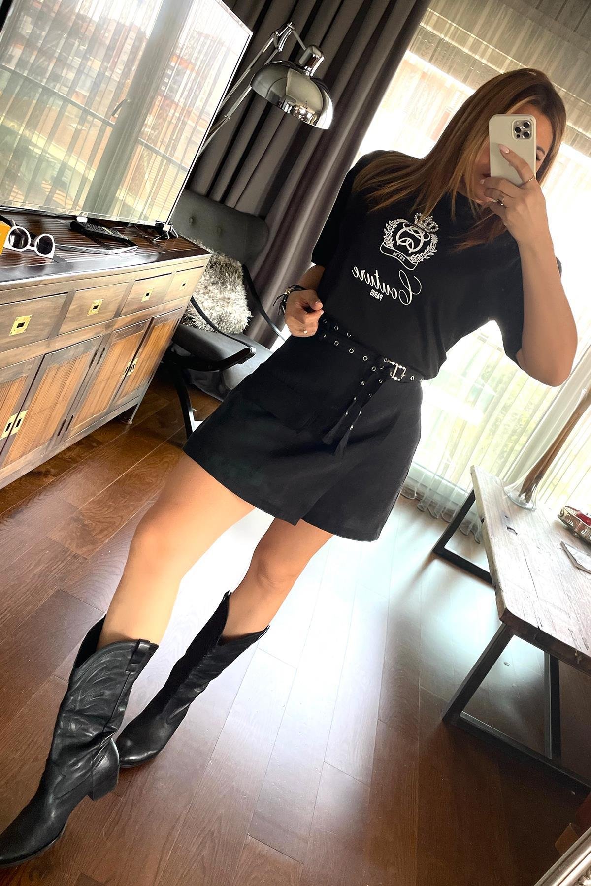 Taç Taş İşlemeli Tshirt Siyah