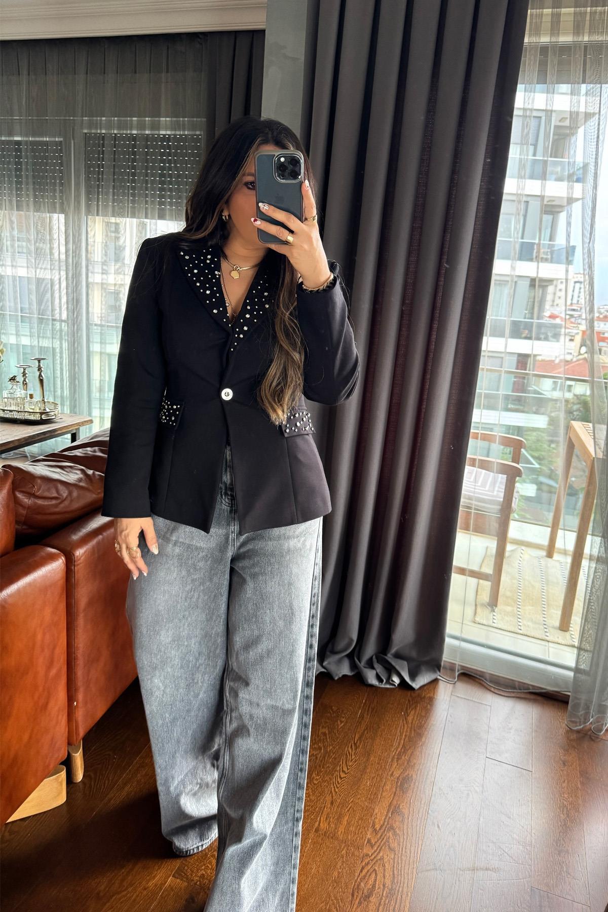 Taş Aplikeli Örme Kumaş Blazer Ceket Siyah