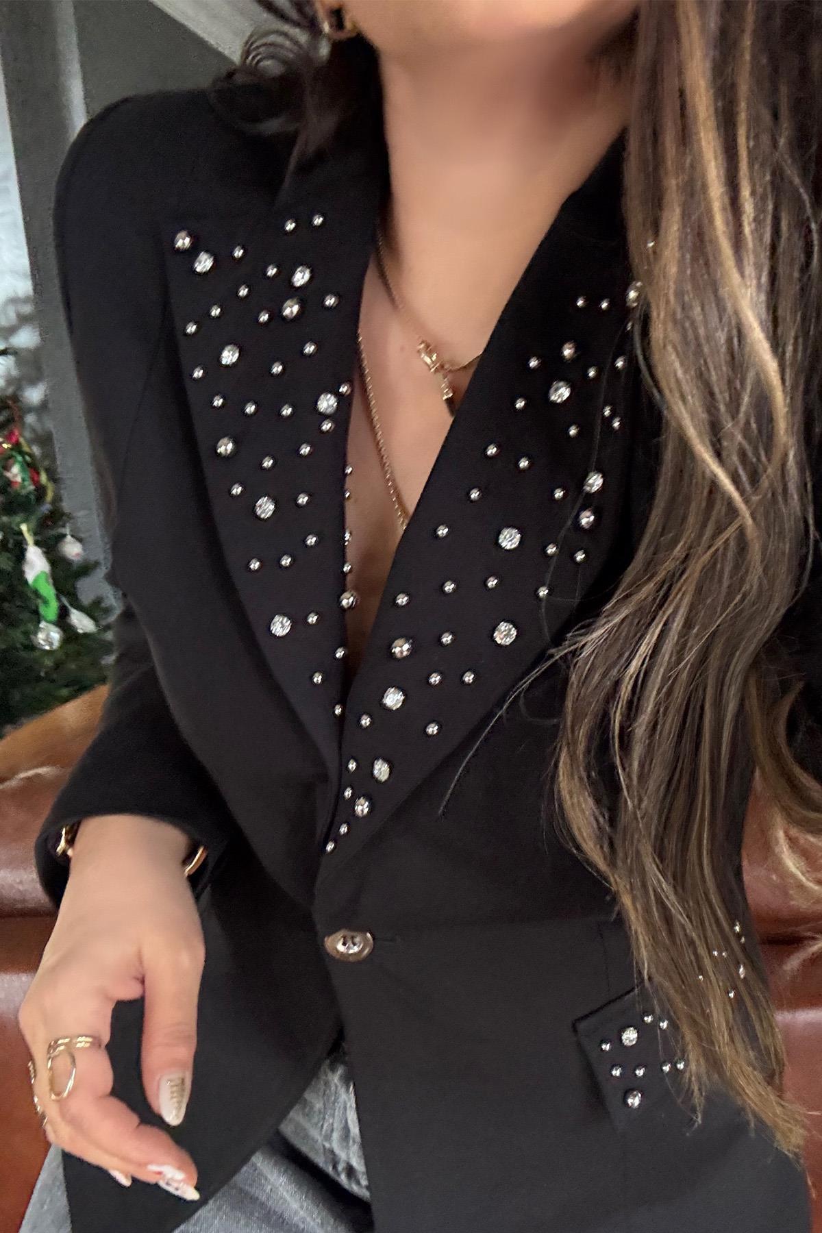Taş Aplikeli Örme Kumaş Blazer Ceket Siyah