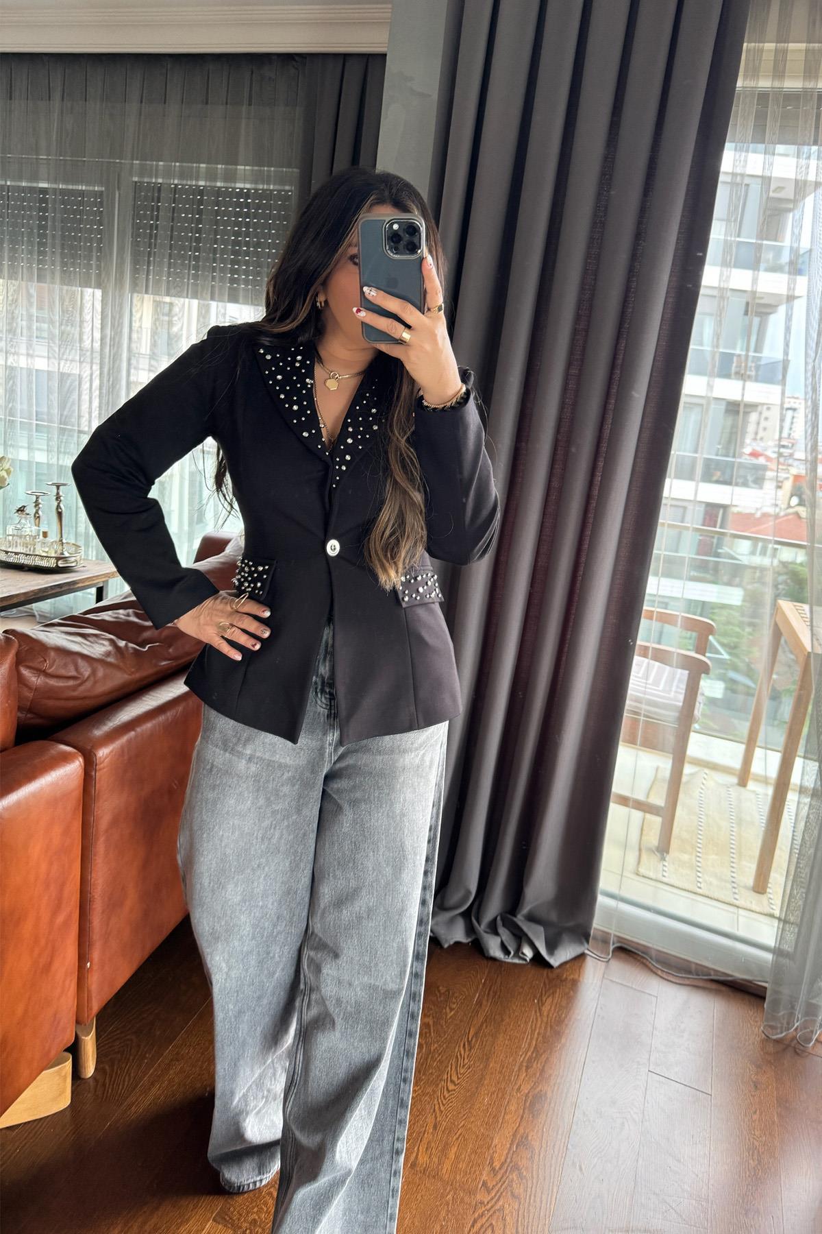 Taş Aplikeli Örme Kumaş Blazer Ceket Siyah