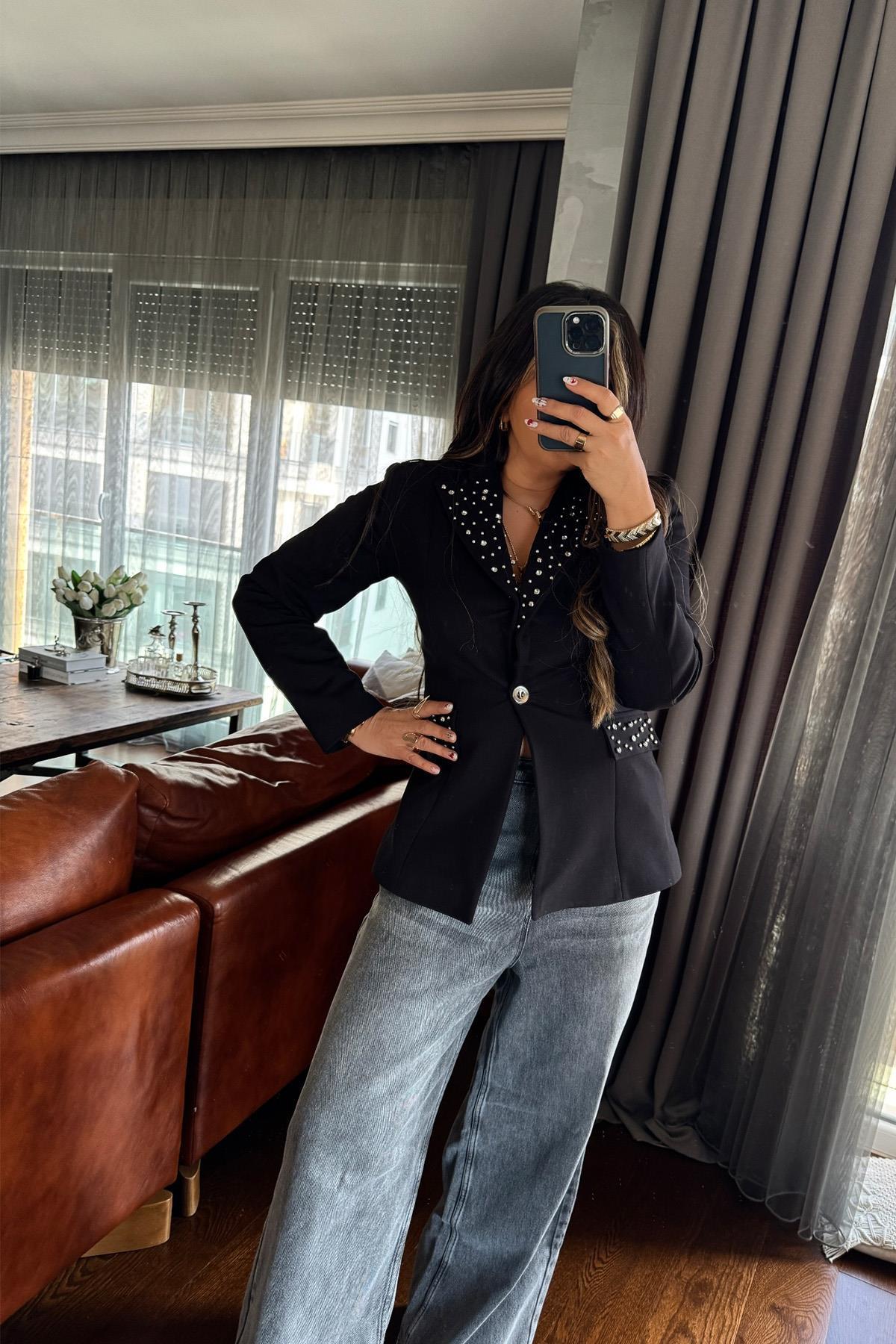 Taş Aplikeli Örme Kumaş Blazer Ceket Siyah