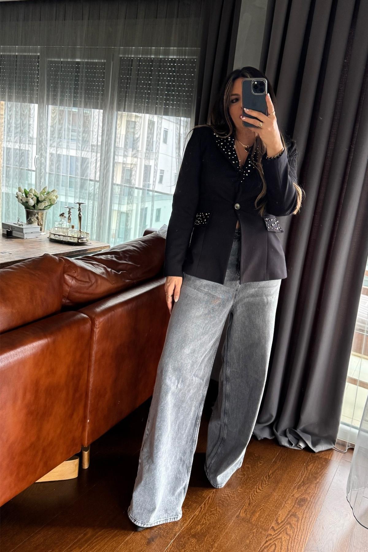 Taş Aplikeli Örme Kumaş Blazer Ceket Siyah