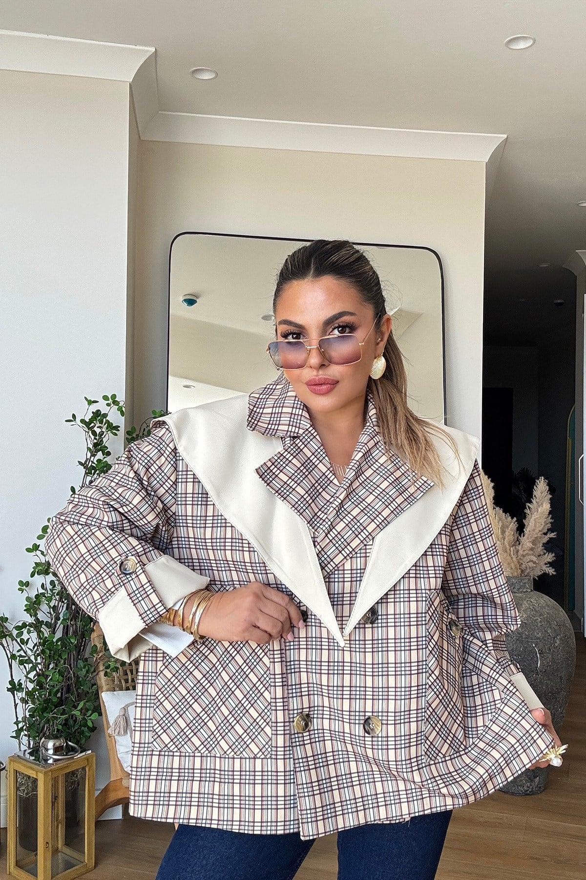 Tasarım Atkılı Ekose Trenchcoat Taş