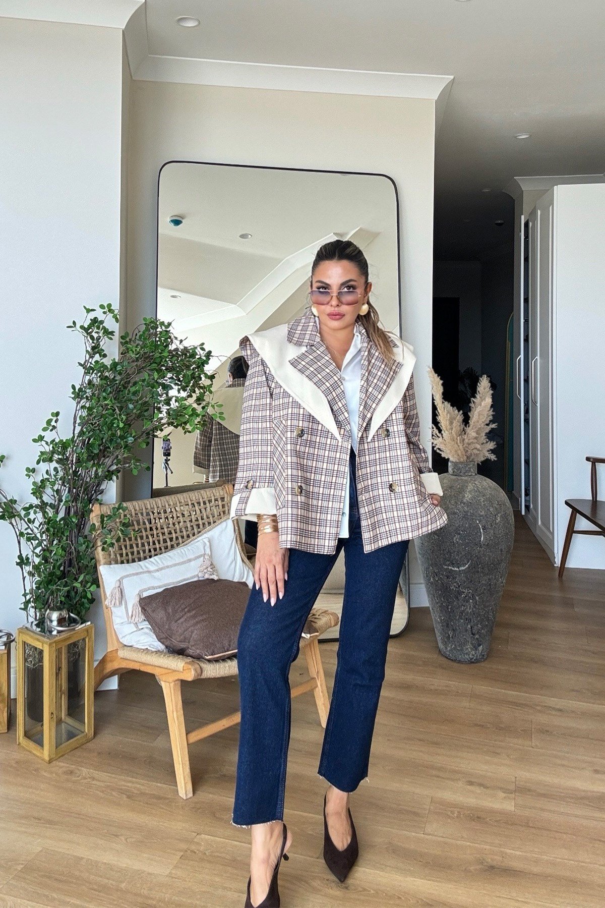 Tasarım Atkılı Ekose Trenchcoat Taş