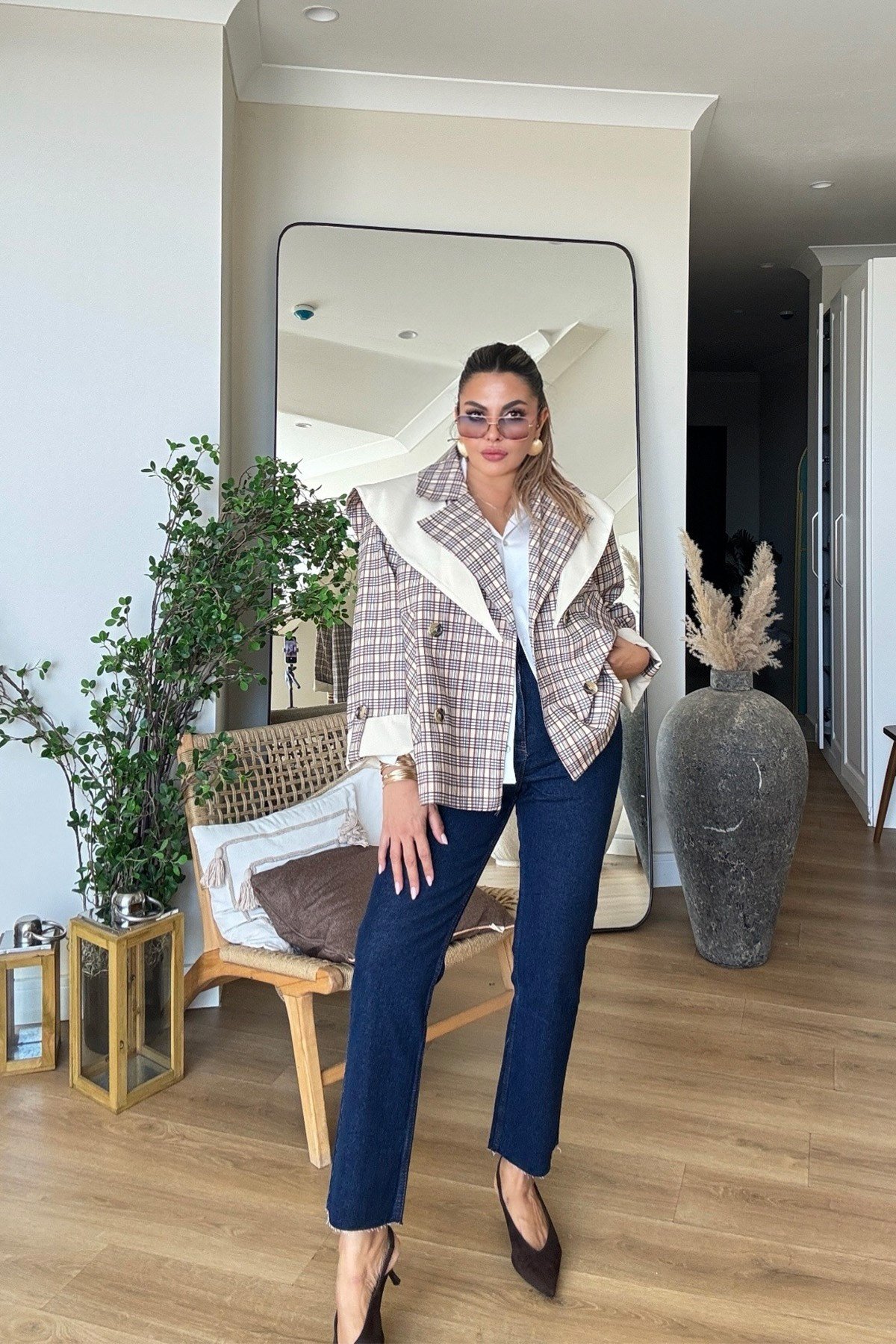 Tasarım Atkılı Ekose Trenchcoat Taş