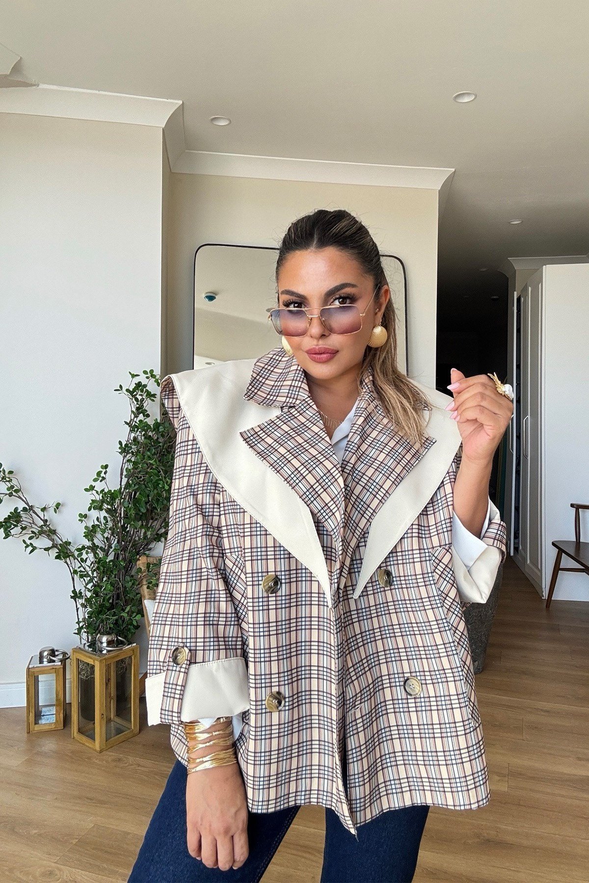 Tasarım Atkılı Ekose Trenchcoat Taş