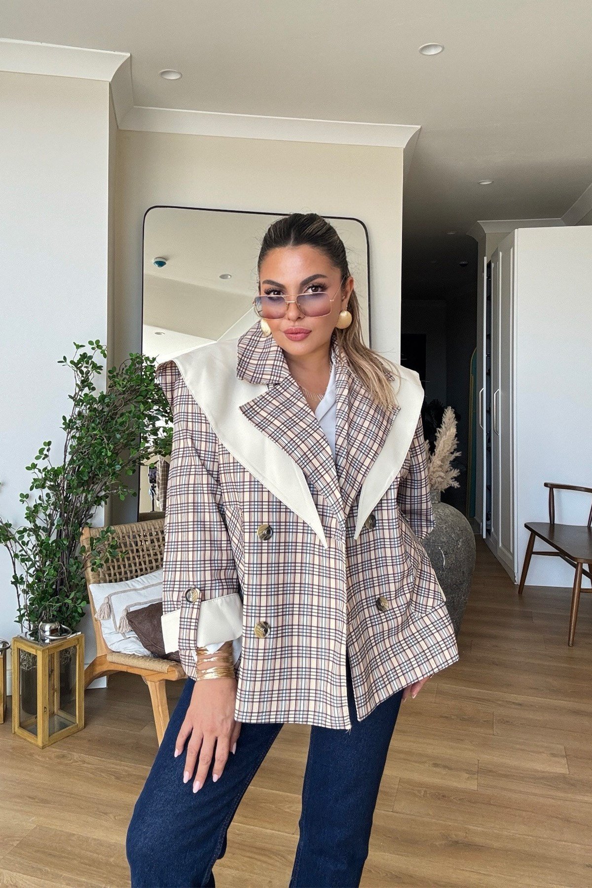 Tasarım Atkılı Ekose Trenchcoat Taş